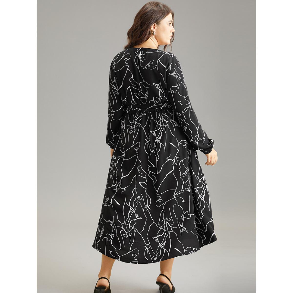 Plus Size Geometric Print Pocket Notched Belted Dress Black Women Elegant Elastic cuffs Notched collar Long Sleeve Curvy Midi Dress BloomChic 14-16/1X Product Image
