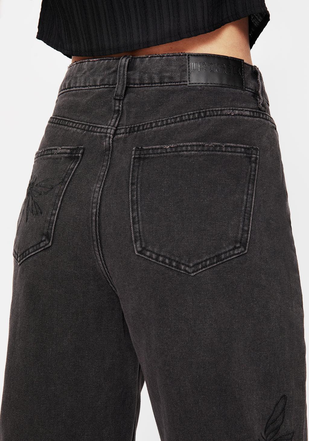 Dragonfly Embroidered Wide Leg Denim Culotte Jeans Product Image