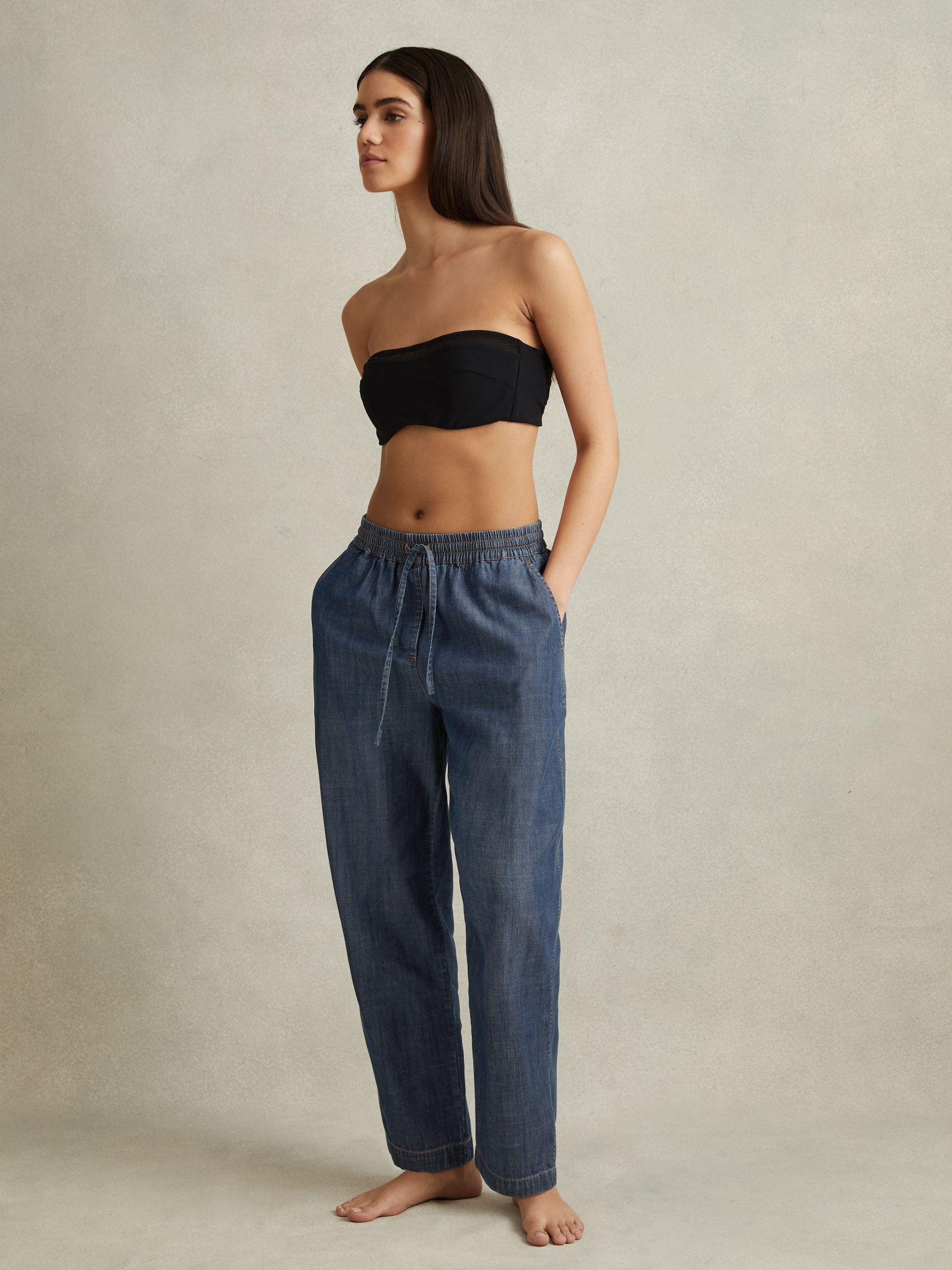 Denim Look Tapered Trousers in Mid Blue Product Image