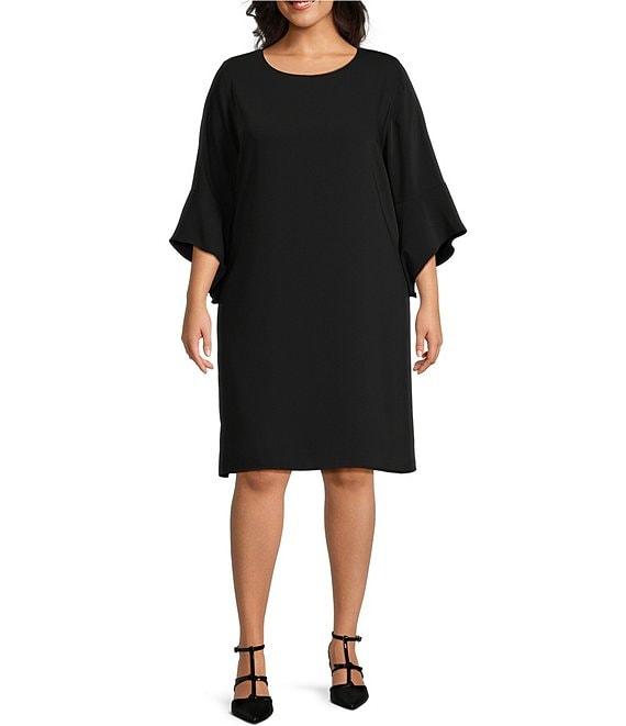 Caroline Rose Plus Size Julia Matte Crepe Round Neck 3/4 Ruffle Sleeve Shift Dress Product Image