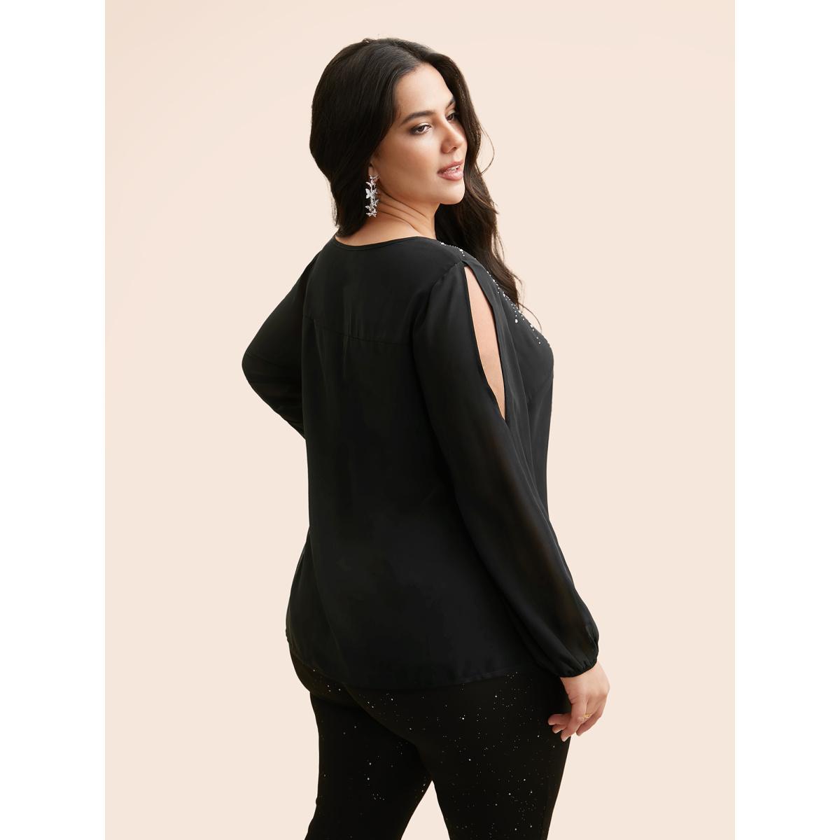 Plus Size Black Rhinestone Cut Out Lantern Sleeve Blouse Women Cocktail Long Sleeve Round Neck Party Blouses BloomChic 12/L Product Image