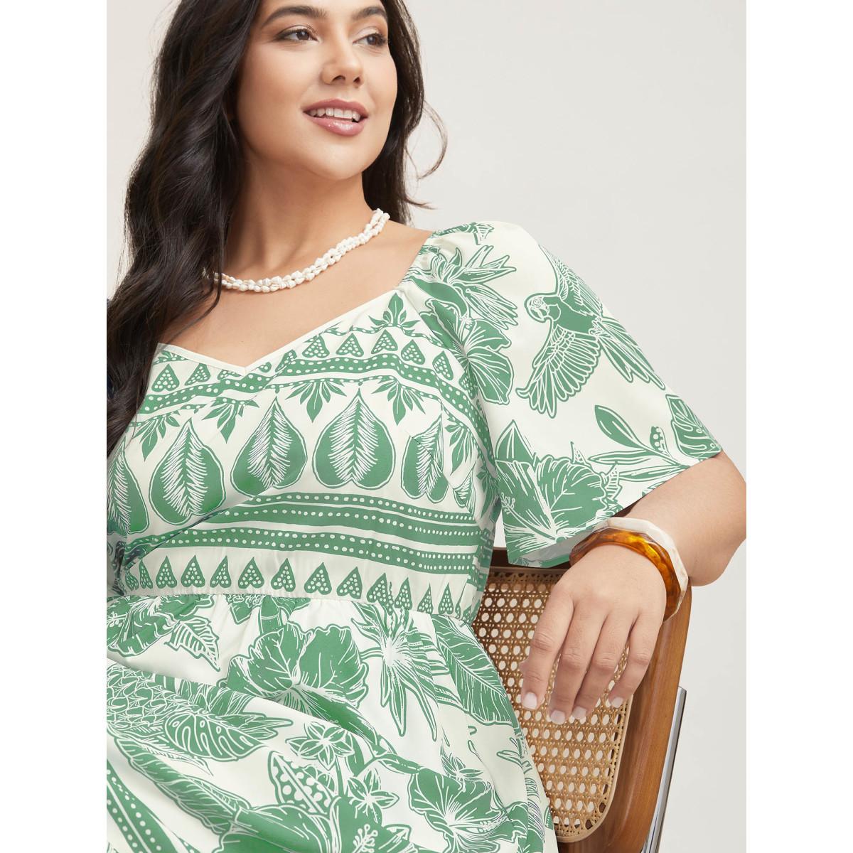 Plus Size Boho Print Fit Flare Pockets Midi Dress Mint Women Resort Non Heart neckline Short sleeve Curvy BloomChic 28/5X Product Image