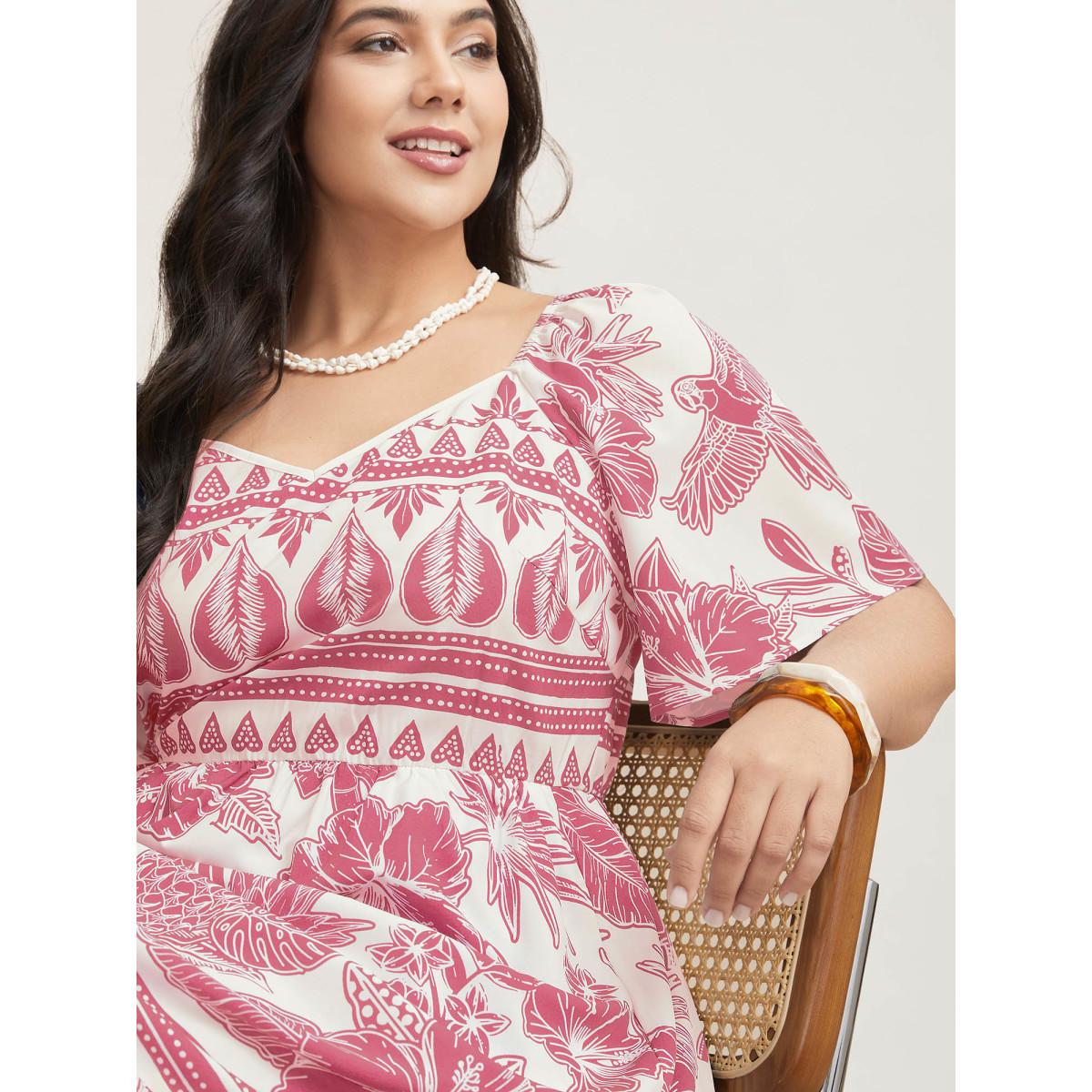 Plus Size Boho Print Fit Flare Pockets Midi Dress Blush Women Resort Non Heart neckline Short sleeve Curvy BloomChic 26/4X Product Image