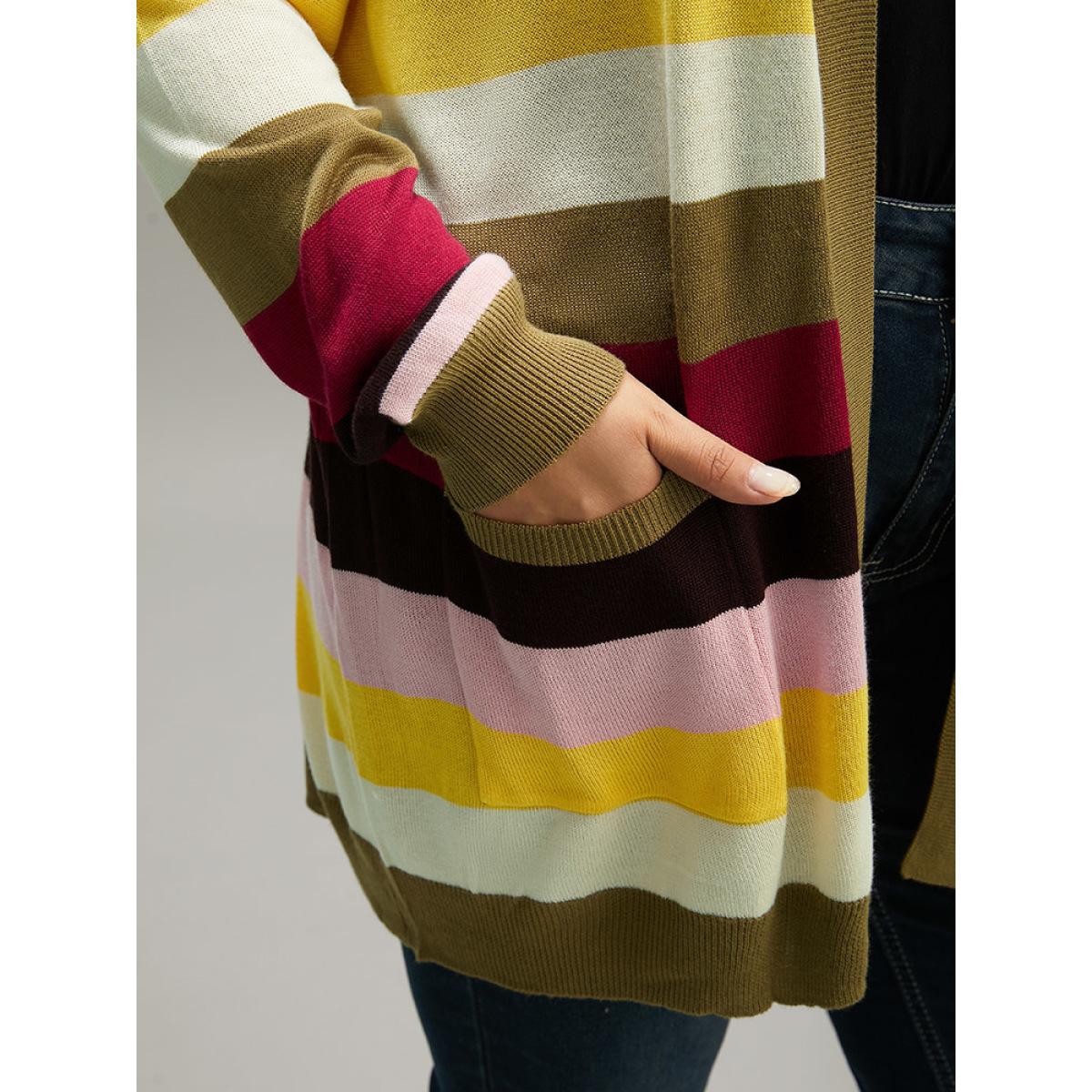Plus Size Supersoft Essentials Rainbow Striped Patched Pocket Open Front Cardigan Multicolor Women Casual Loose Long Sleeve Everyday Cardigans BloomChic 14-16/1X Product Image