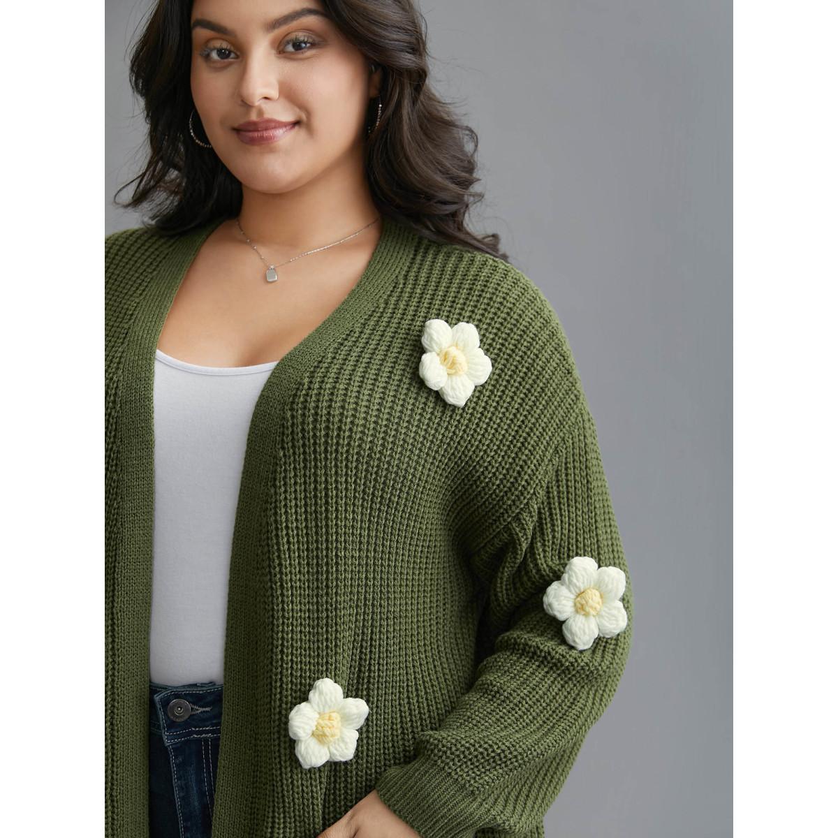 Plus Size Floral Motifs V-Neck Pockets Knit Cardigan Moss Women Casual Loose Long Sleeve Everyday Cardigans BloomChic 28/5X Product Image