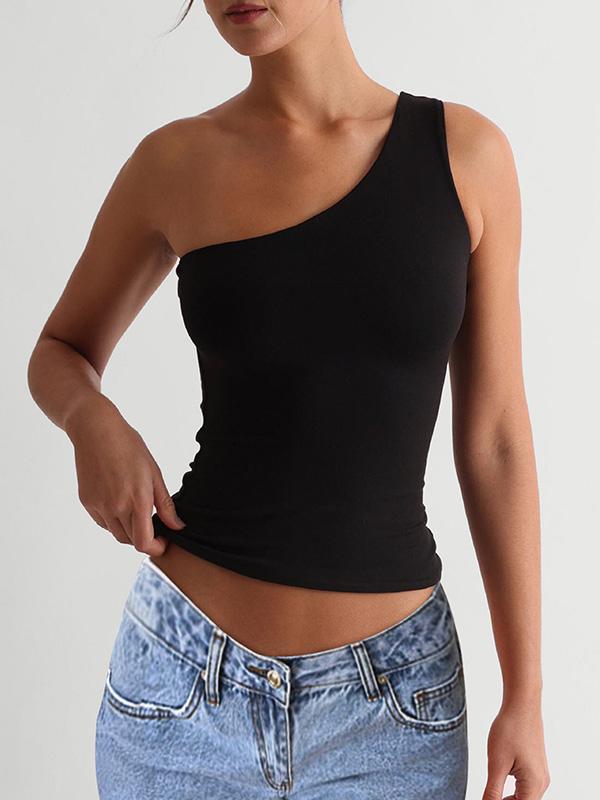 Skinny Sleeveless Solid Color One-Shoulder Vest Top Product Image