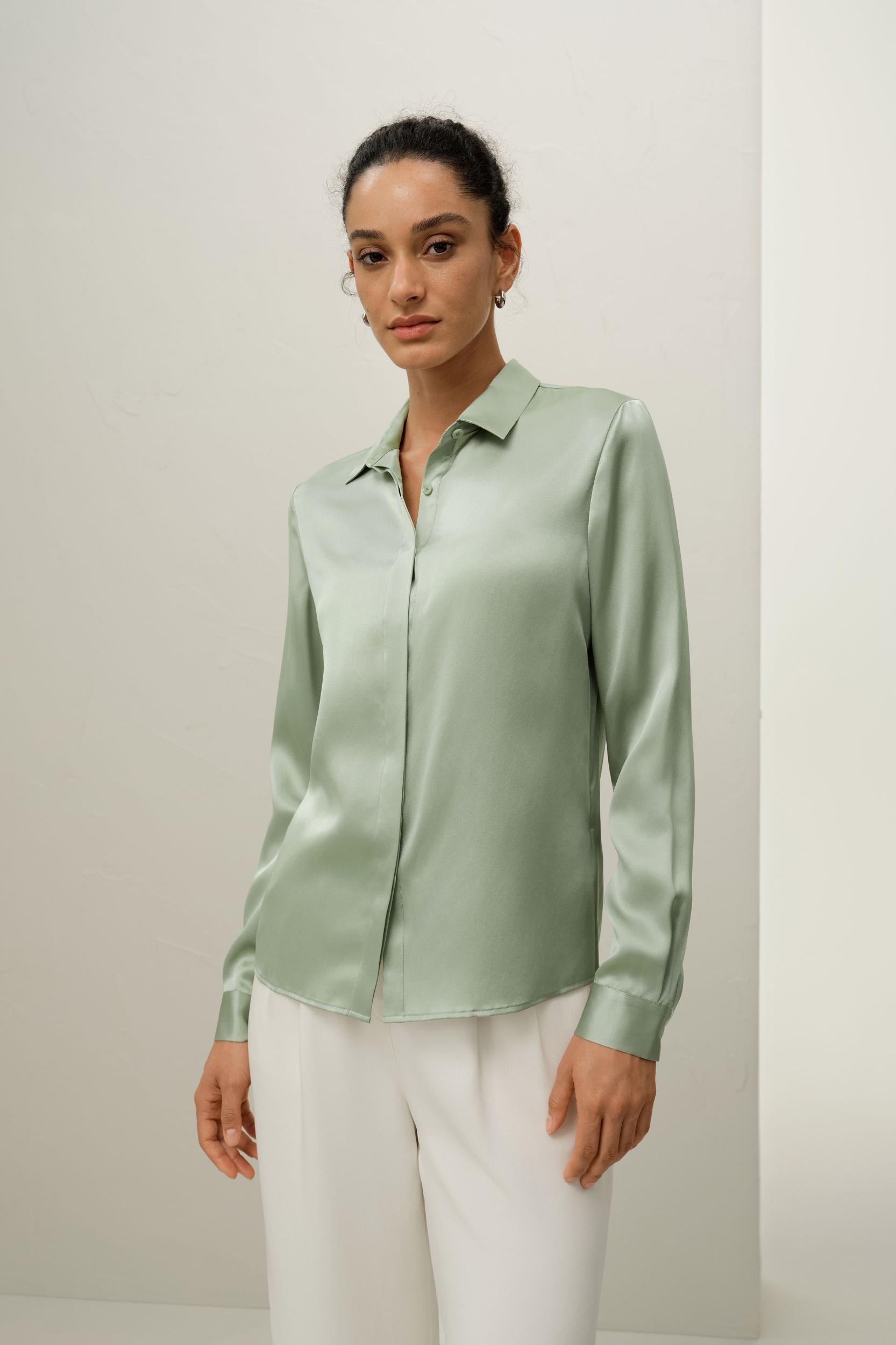 Basic Concealed Placket Silk Shirt Product Image