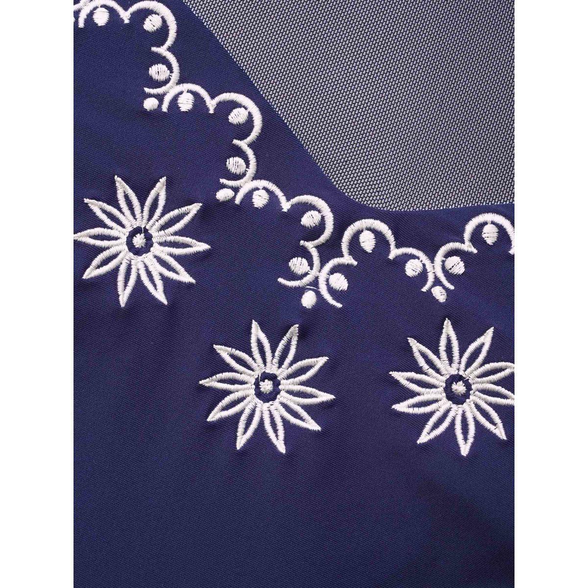 Plus Size Floral Embroidered Mesh Patchwork Ruched One Piece Swimsuit Women's Swimwear Indigo Beach Gathered Curve Bathing Suits High stretch One Pieces BloomChic 14-16/1X Product Image