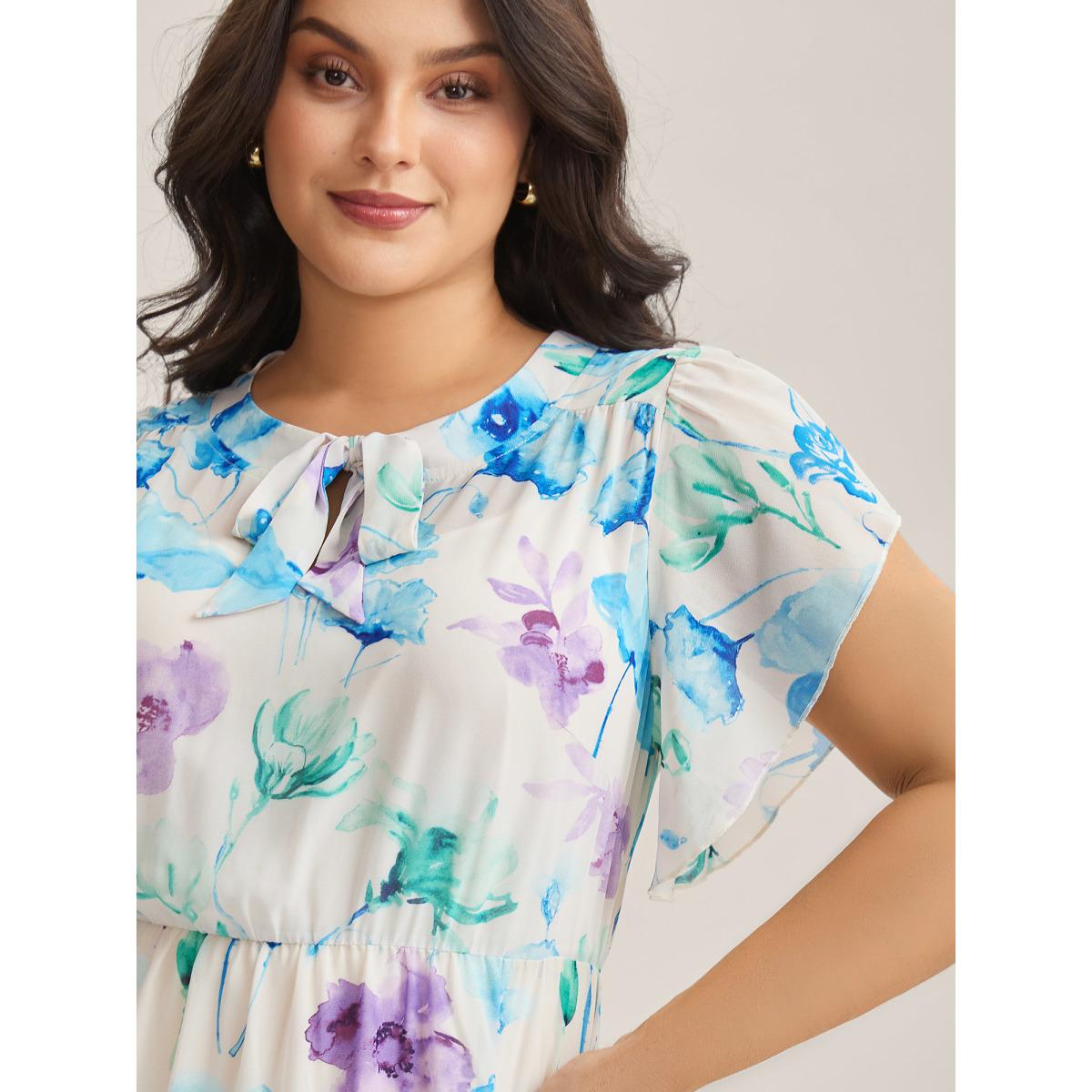 Plus Size Breezy Floral Stretchy Waist Sheer Midi Dress Lavender Women Ribbon-tied collar Cap Sleeve Curvy BloomChic 22-24/3X Product Image