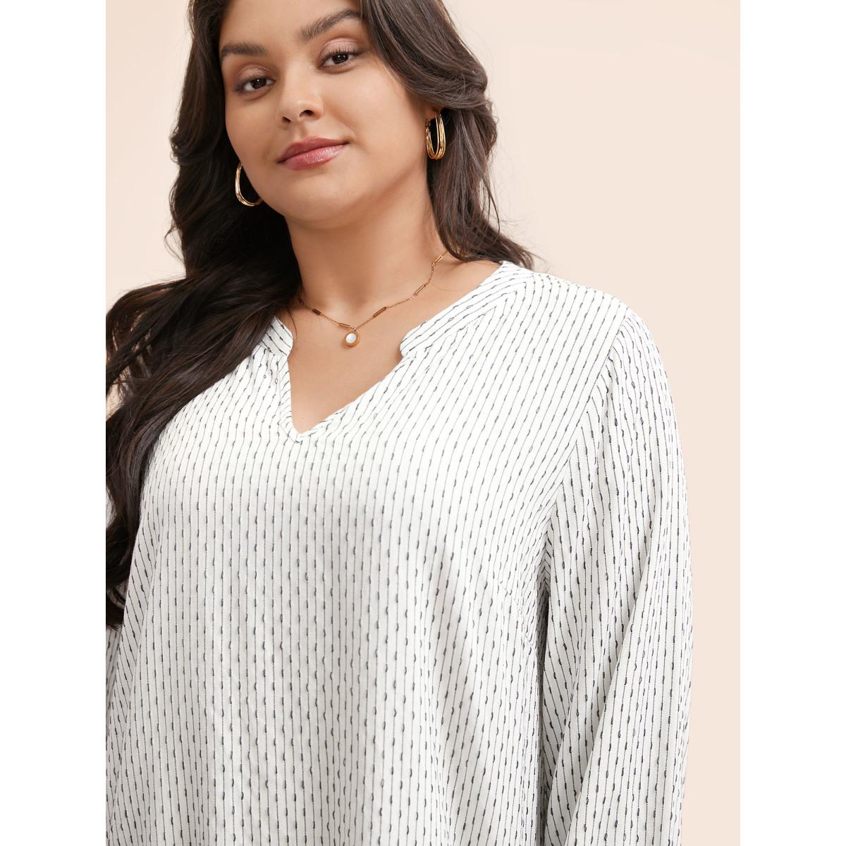 Plus Size WhiteSmoke Notched Textured Lantern Sleeve Blouse Women Elegant Long Sleeve V-neck Everyday Blouses BloomChic 22-24/3X Product Image