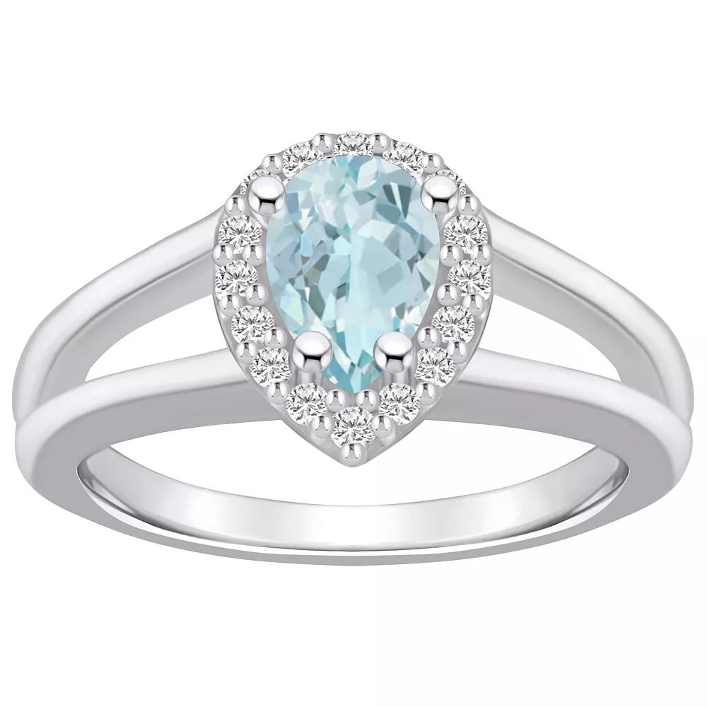 Alyson Layne 10k White Gold Pear Shape Gemstone 1/6 Carat T.W. Diamond Halo Ring, Women's, Size: 7, Aquamarine Product Image