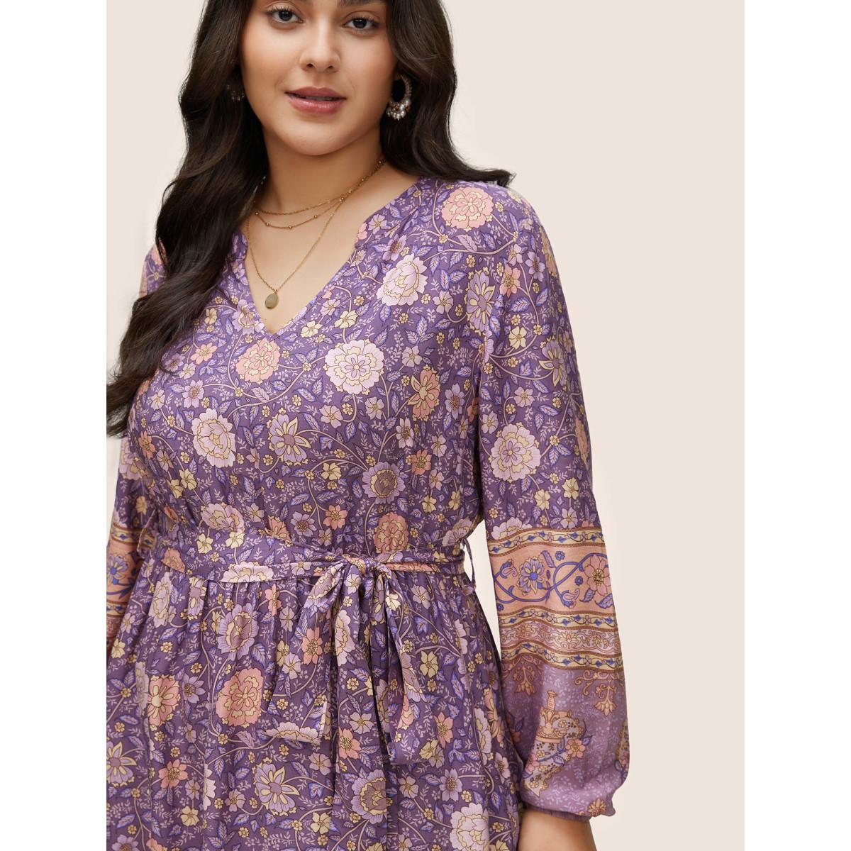 Plus Size Boho Print Belted Notched Lantern Sleeve Dress Mauve Women Resort Non Notched collar Long Sleeve Curvy Midi Dress BloomChic 22-24/3X Product Image