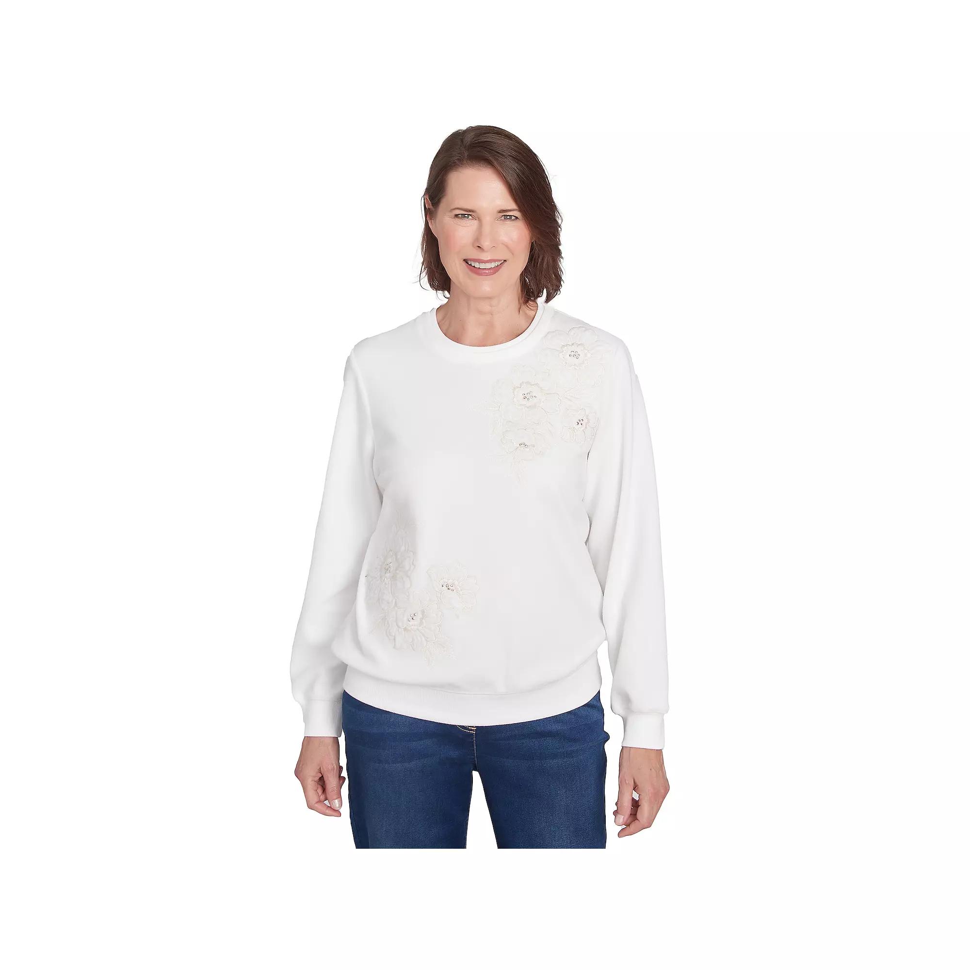 Petite Alfred Dunner Classic Sherpa Floral Embroidered Sweater, Women's, Size: XL Petite, Ivory Product Image