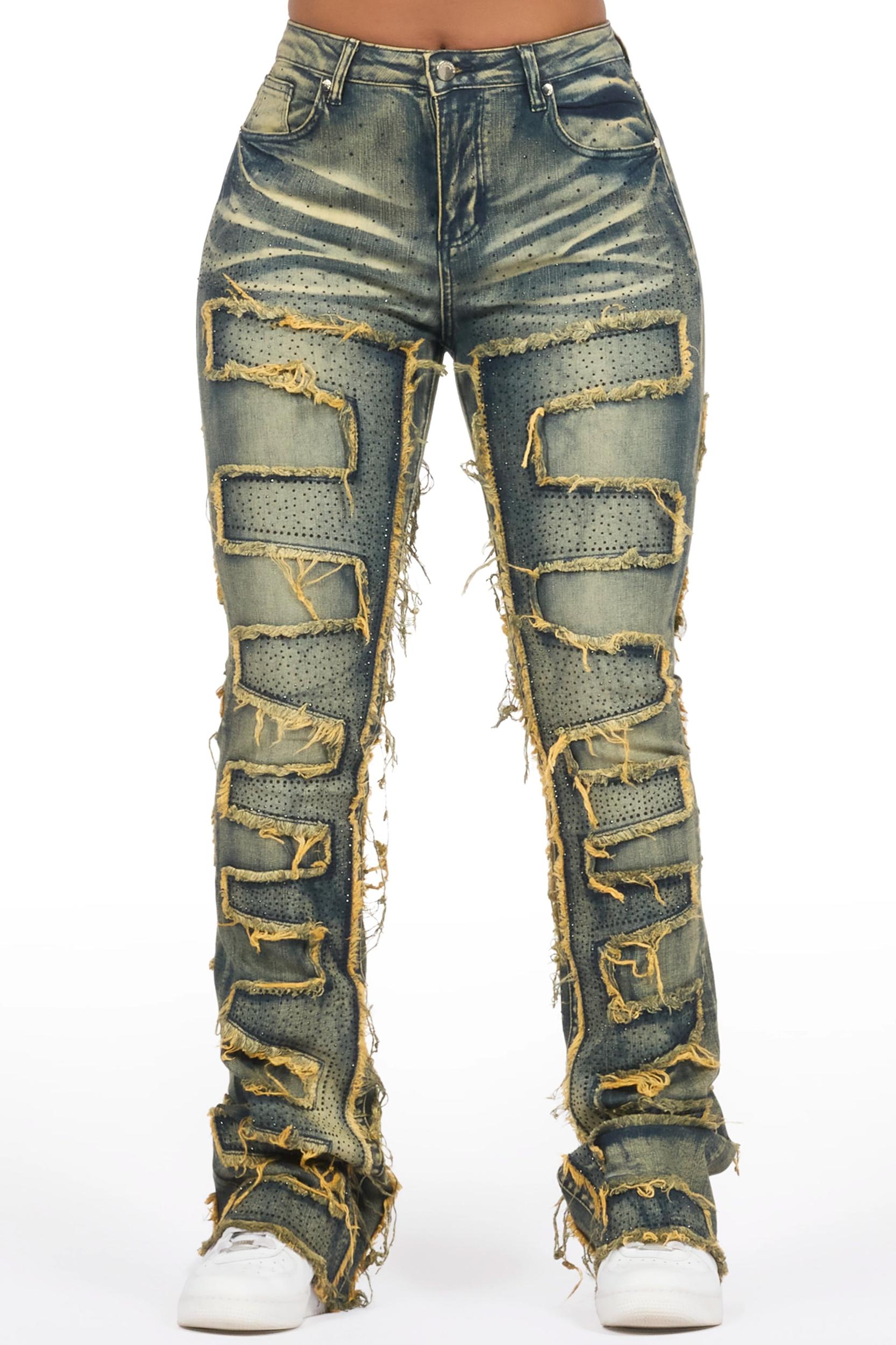 Zariyah Tinted Dark Wash Rhinestone Stacked Flare Jean Female Product Image