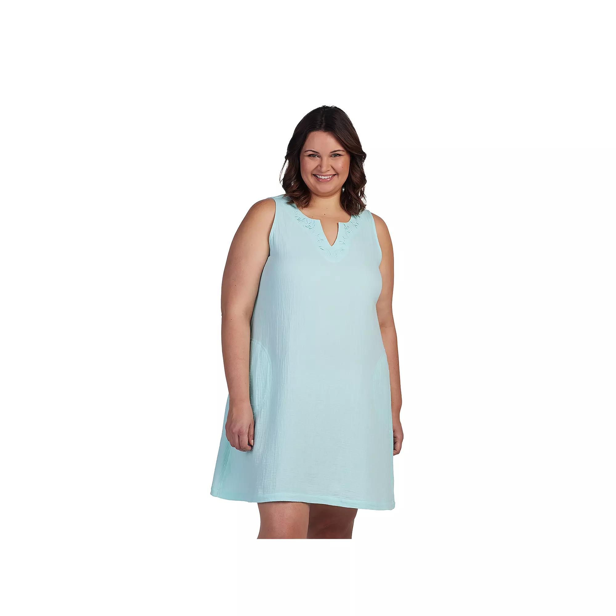 Plus Size Miss Elaine Essentials Crinkle Gauze Sleeveless Notch Neck Short Nightgown, Women's, Size: 1XL, Pink Product Image