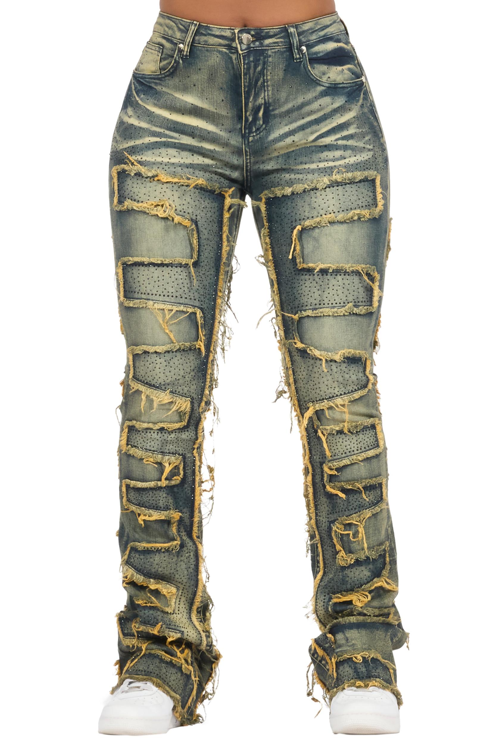 Zariyah Tinted Dark Wash Rhinestone Stacked Flare Jean Female Product Image
