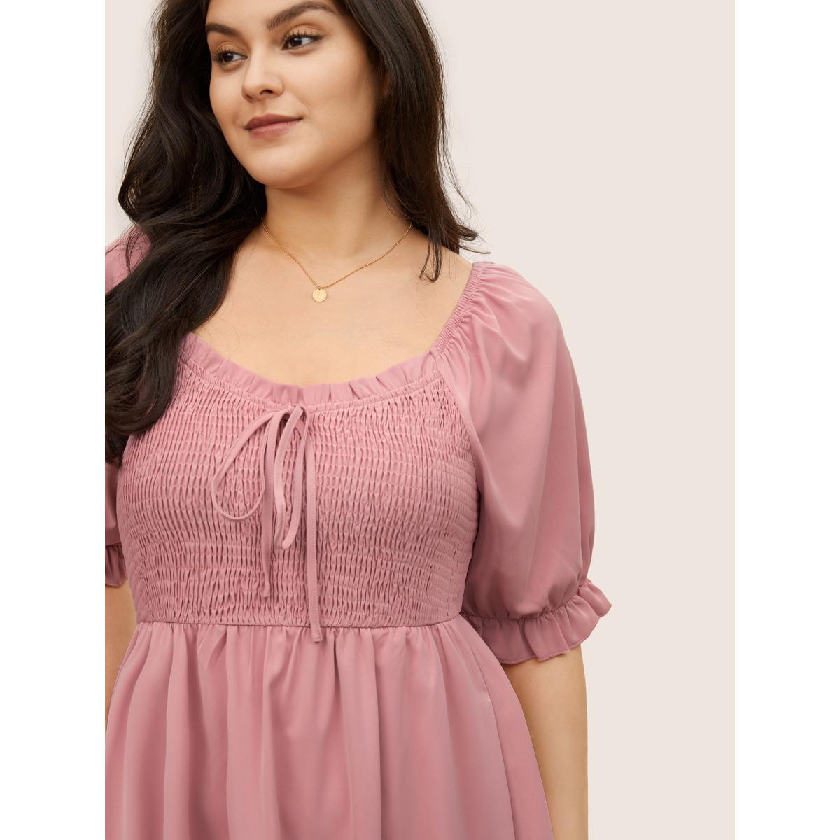 Plus Size Square Neck Shirred Elastic Waist Ties Dress Watermelon Women Elegant Non Square Neck Short sleeve Curvy Midi Dress BloomChic 12/L Product Image