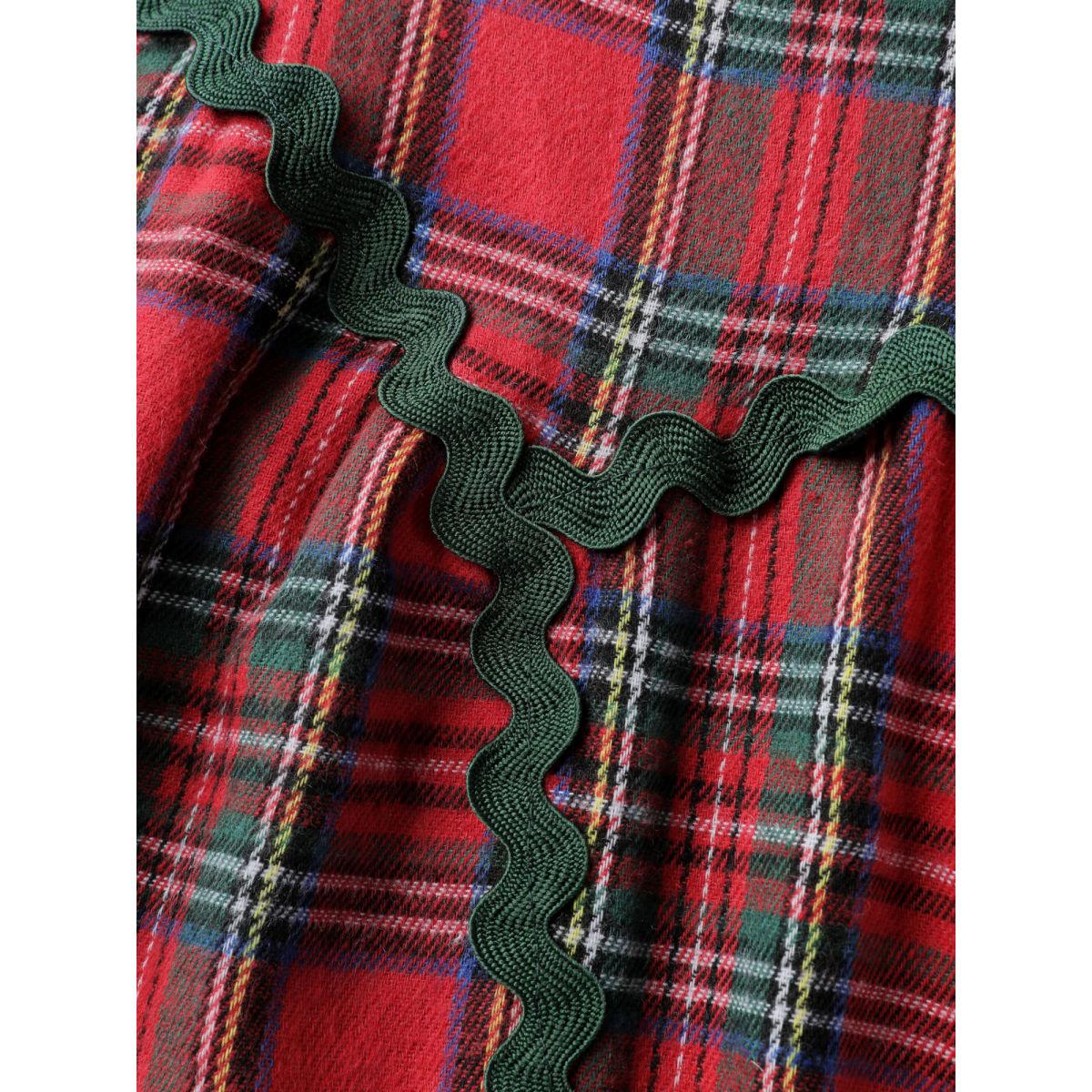 Plus Size Festive Plaid Wavy Trim Midi Dress Brightred Women Leisure Non Extra Long Sleeve Curvy BloomChic 26/4X Product Image