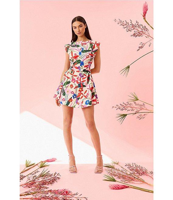 Donna Morgan Boat Neck Extend Shoulder Floral Print Cotton Poplin Mini Dress Product Image