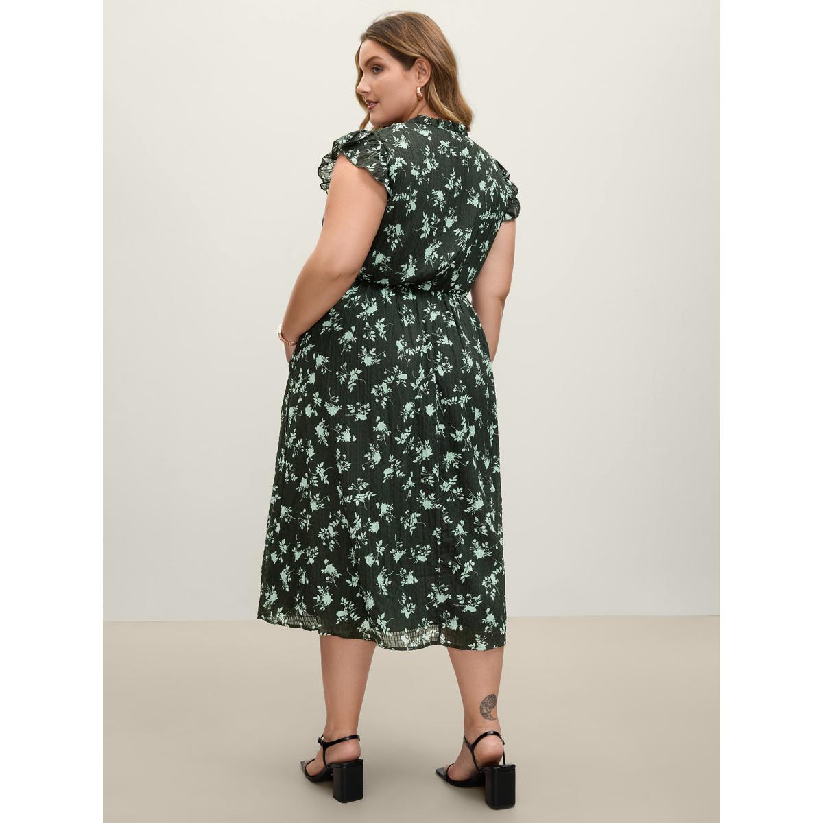 Plus Size Textured Silhouette Flower Stretchy Collar Midi Dress DarkGreen Women Office Mock Neck Cap Sleeve Curvy BloomChic 10/M Product Image