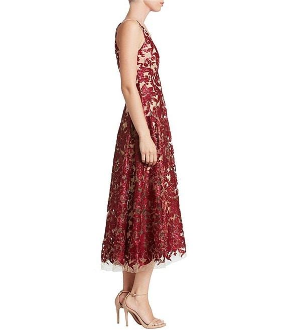 Dress the Population Blair Sequin Embroidered Mesh V-Neck Sleeveless A-Line Midi Dress Product Image