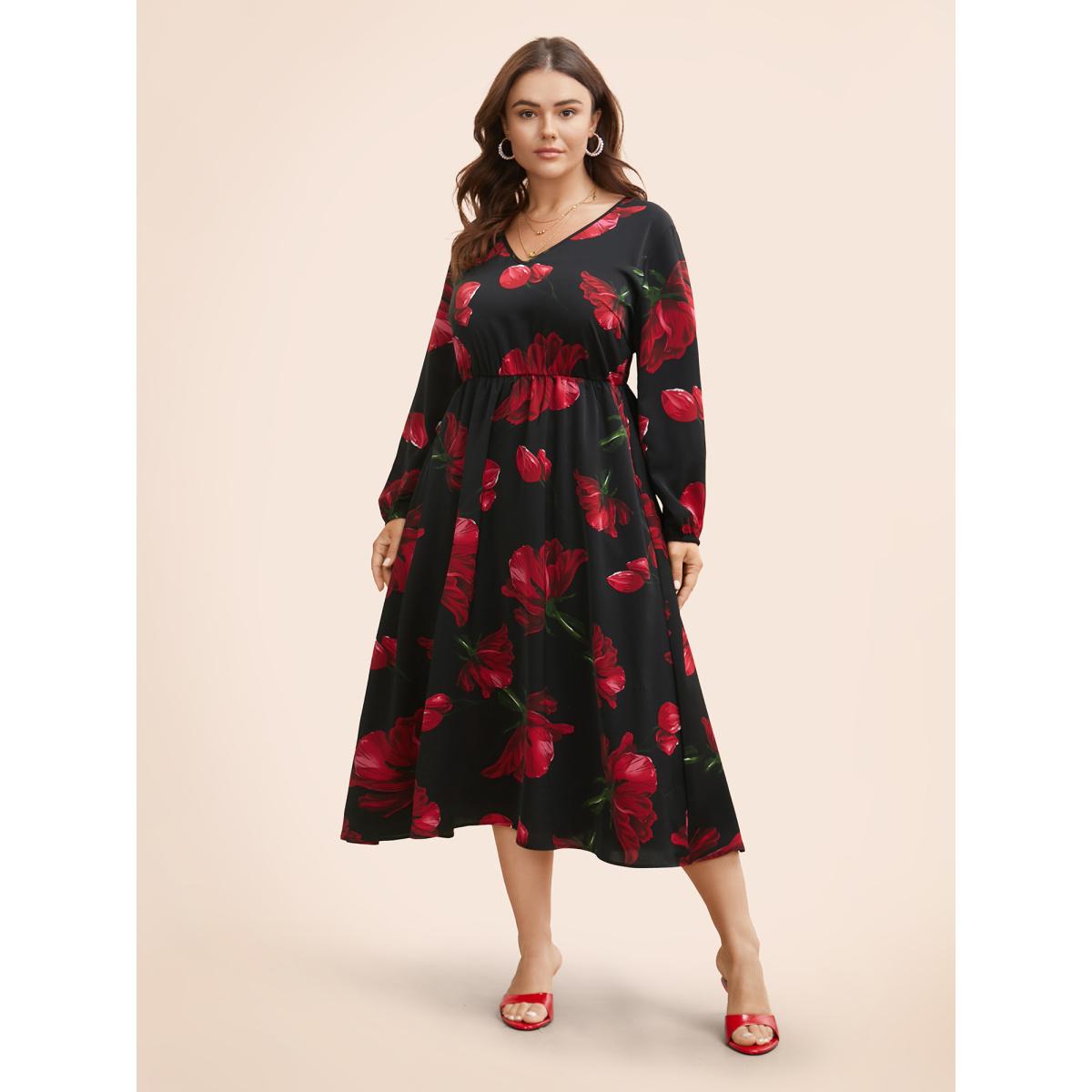 Plus Size Floral Elastic Waist Lantern Sleeve Dress Black Women Elegant Non V-neck Long Sleeve Curvy BloomChic 28/5X Product Image