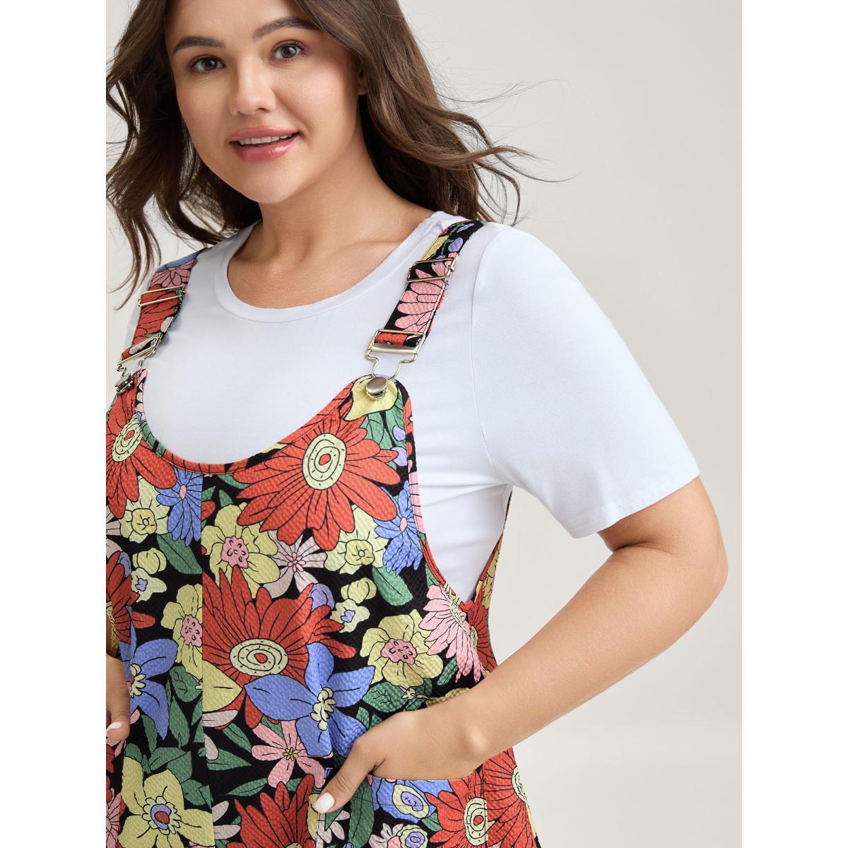 Plus Size Floral Print Textured Overall Straps Dress Multicolor Women Playful Round Neck Sleeveless Curvy BloomChic 28/5X Product Image
