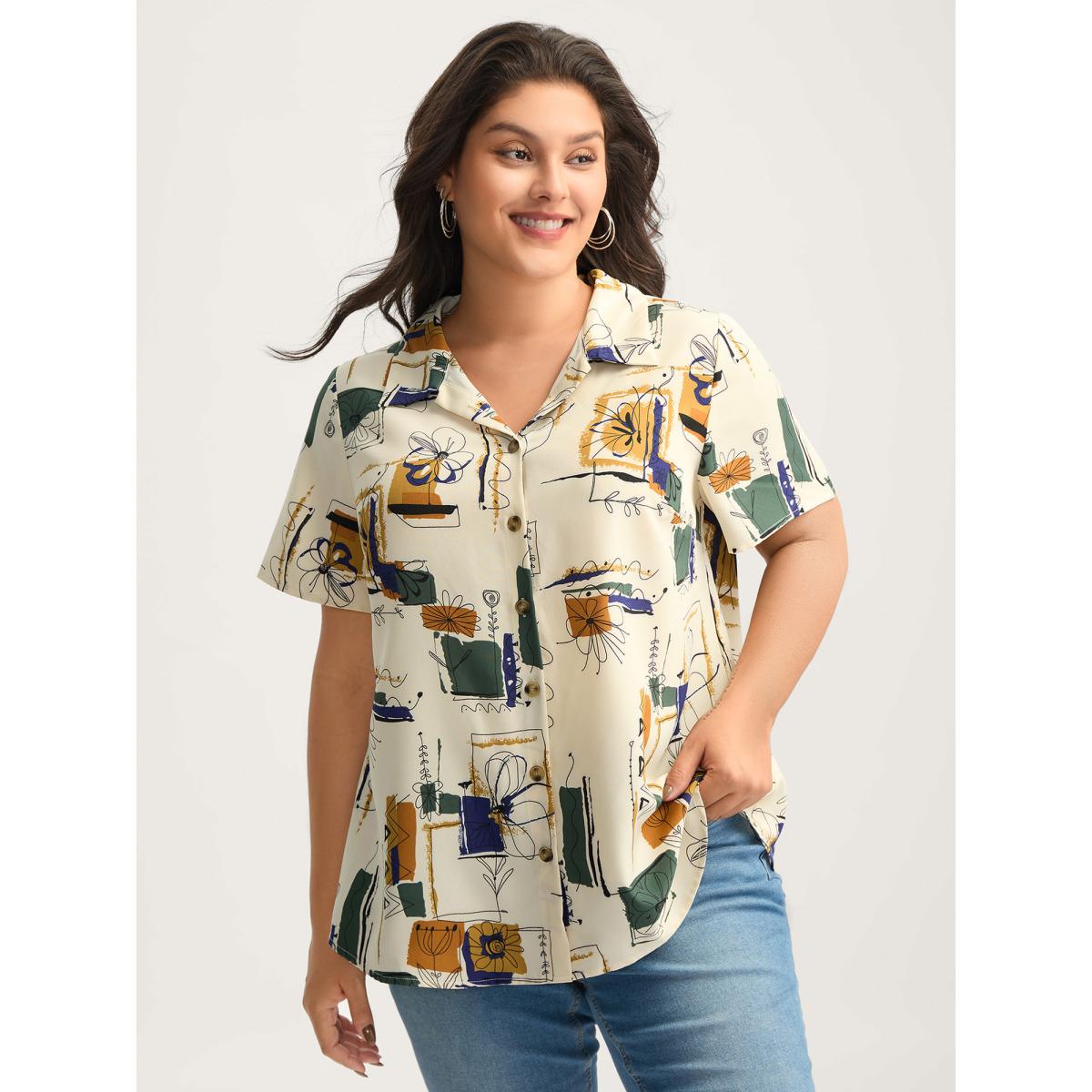 Plus Size Ivory Floral Notes Collared Blouse Women Short sleeve Shirt collar Everyday-Casual Blouses BloomChic 26/4X Product Image