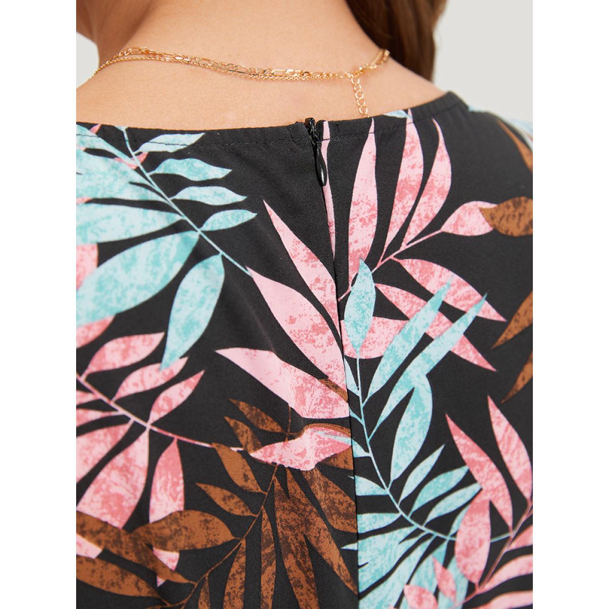 Plus Size Black Tropical Print Knot Neck Shirred Wrap Jumpsuit Women Elegant Short sleeve Tie Neck Dailywear Loose Jumpsuits BloomChic 12/L Product Image