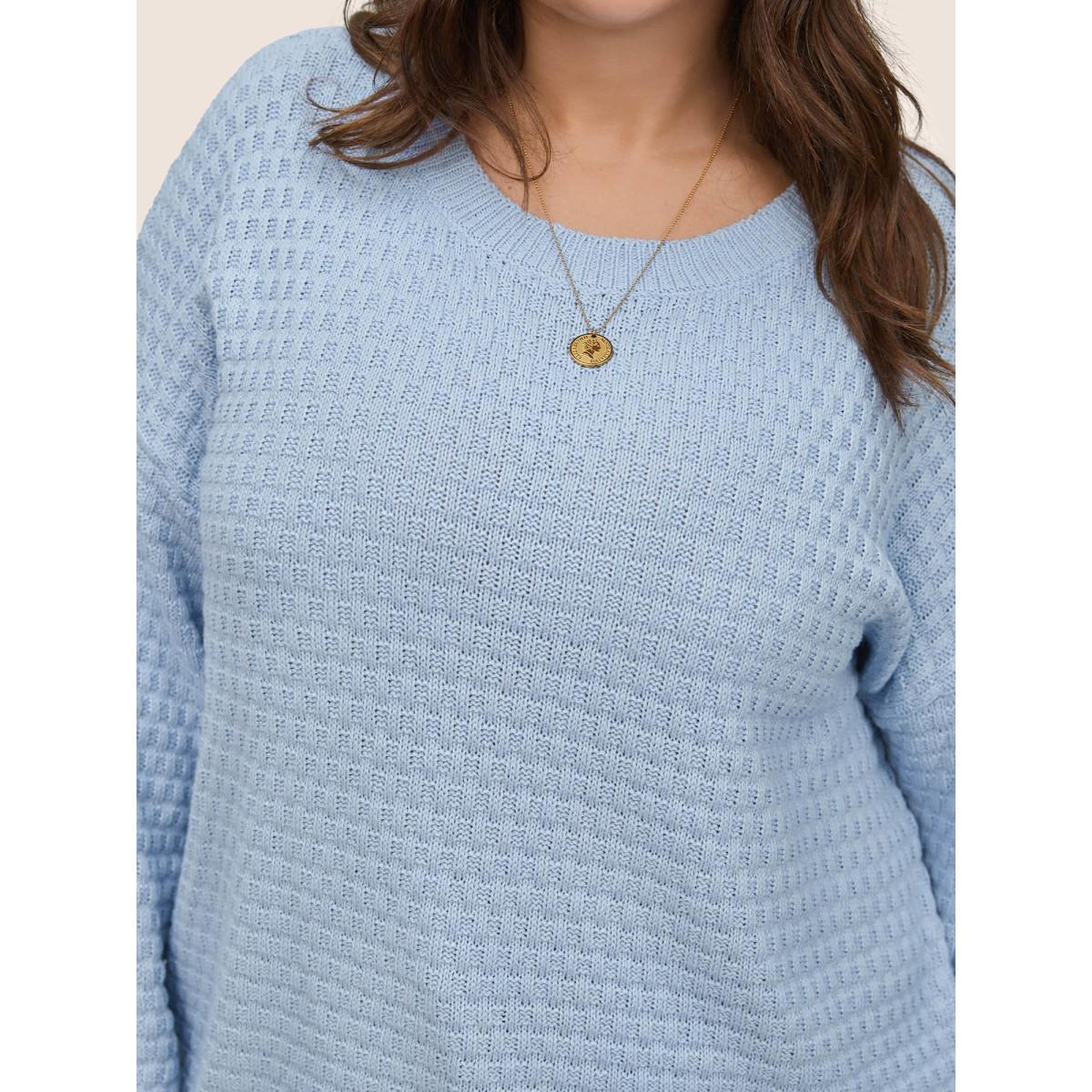 Plus Size Plain Texture Round Neck Elastic Cuffs Pullover LightBlue Women Basics Long Sleeve Round Neck Everyday Pullovers BloomChic 26/4X Product Image