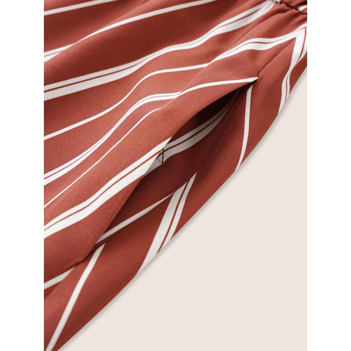 Plus Size Striped Keyhole Pocket Belted Elastic Waist Dress Russet Women At the Office Non Notched collar Half Sleeve Curvy Midi Dress BloomChic 18-20/2X Product Image