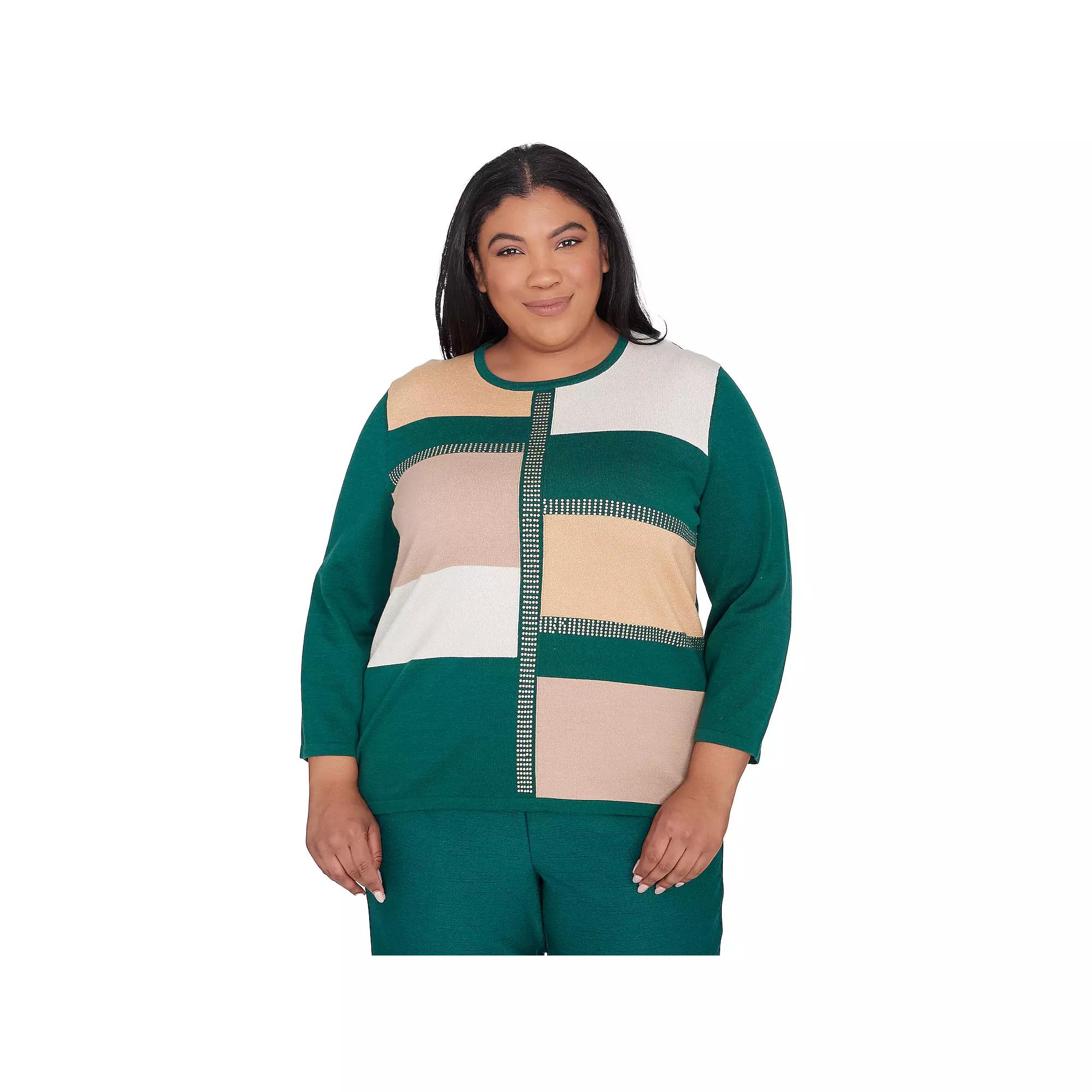 Plus Size Alfred Dunner Color Blocking Gold Trim Sweater, Women's, Size: 3XL, Multi Green Product Image