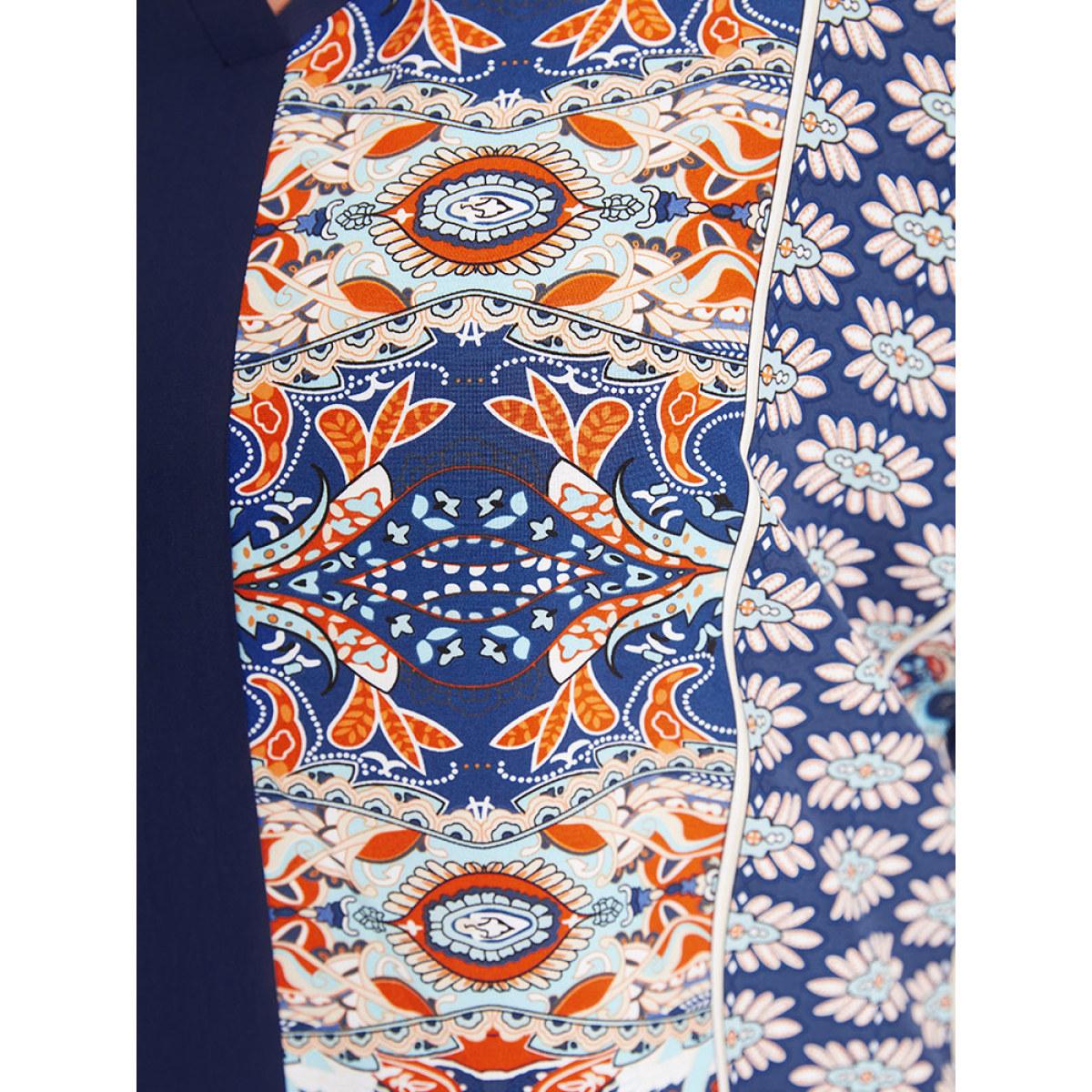 Plus Size Indigo Bandana Print Patchwork Contrast Roll Batwing Sleeve Blouse Women Vacation Short sleeve V-neck Dailywear Blouses BloomChic 28/5X Product Image