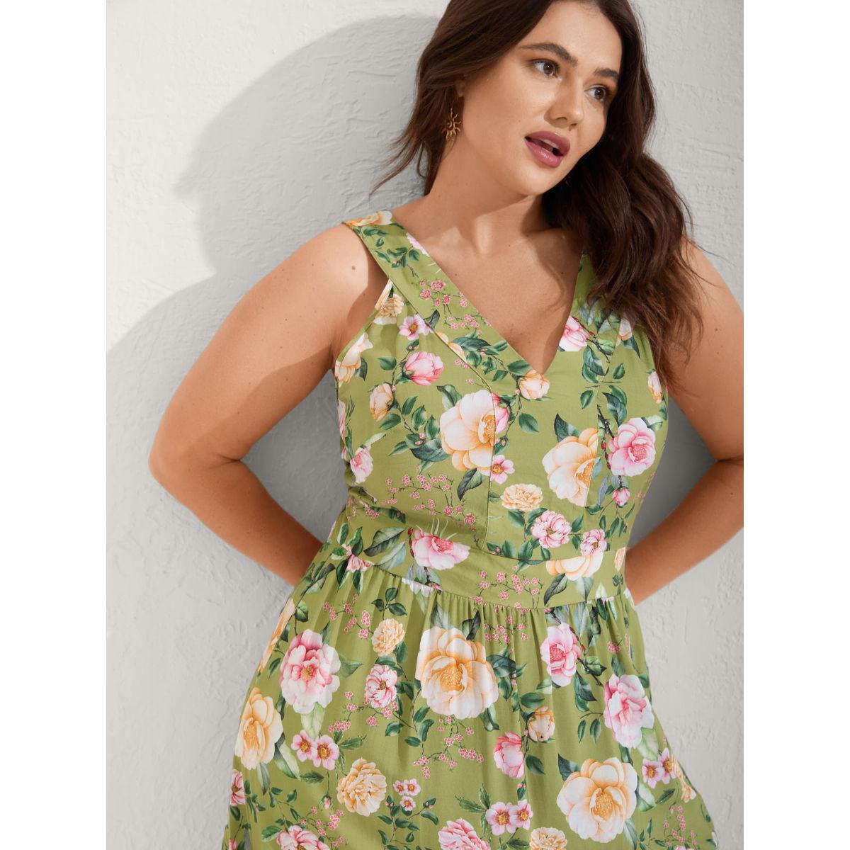 Plus Size Rayon Floral Shirred Pockets Midi Dress Moss Women V-neck Sleeveless Curvy BloomChic 14-16/1X Product Image