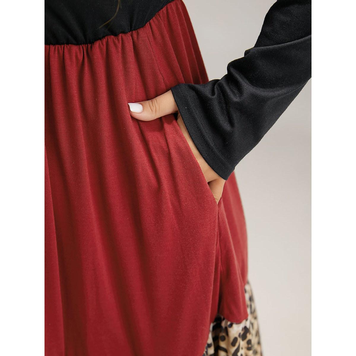 Plus Size Supersoft Essentials Colorblock Contrast Leopard Dress Black Women Casual Patchwork Round Neck Long Sleeve Curvy Midi Dress BloomChic 30/6X Product Image