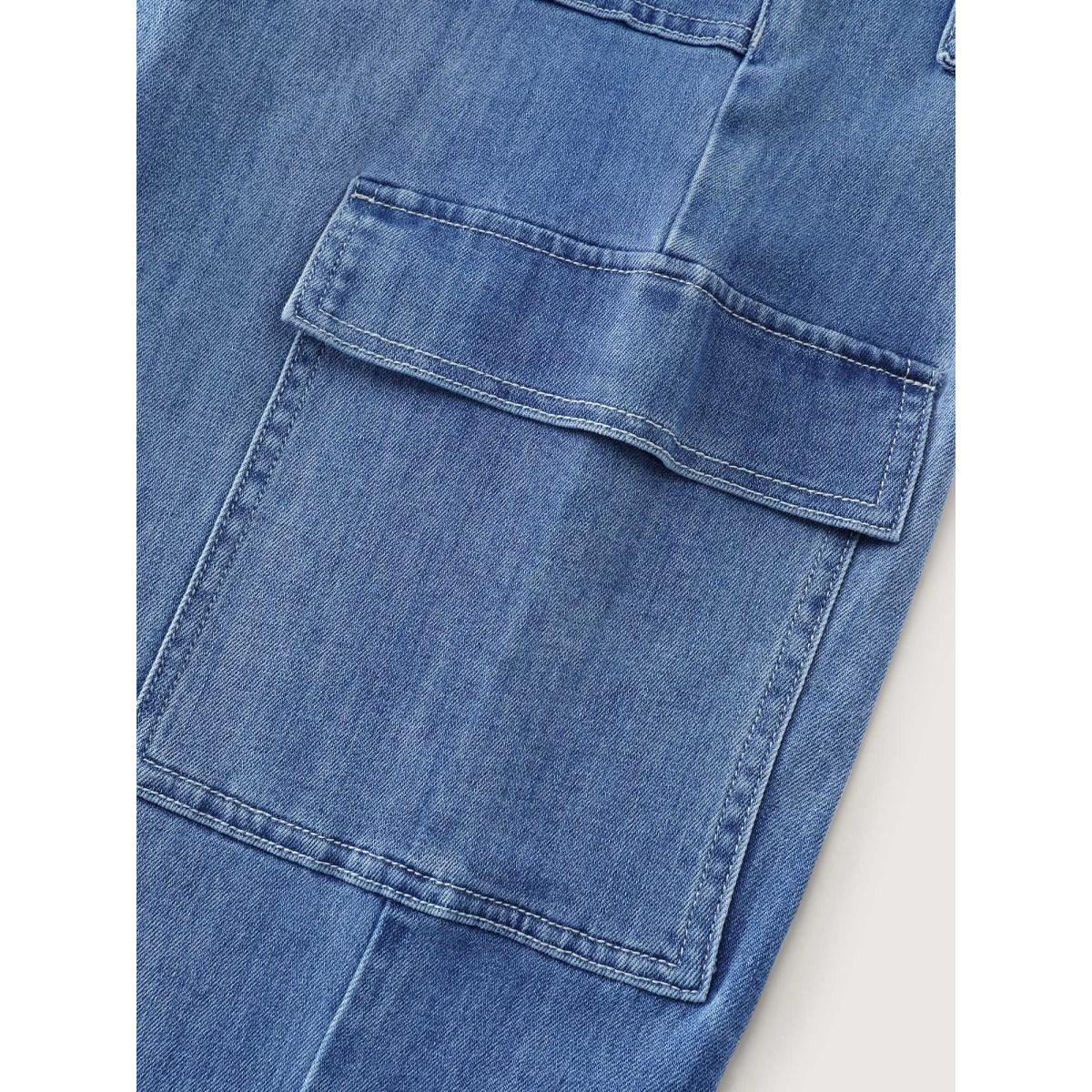 Plus Size Supersoft Stretchy Back Waistband Wide-Leg Jeans Women Midblue Leisure Low stretch Slanted pocket Jeans BloomChic 12/L Product Image