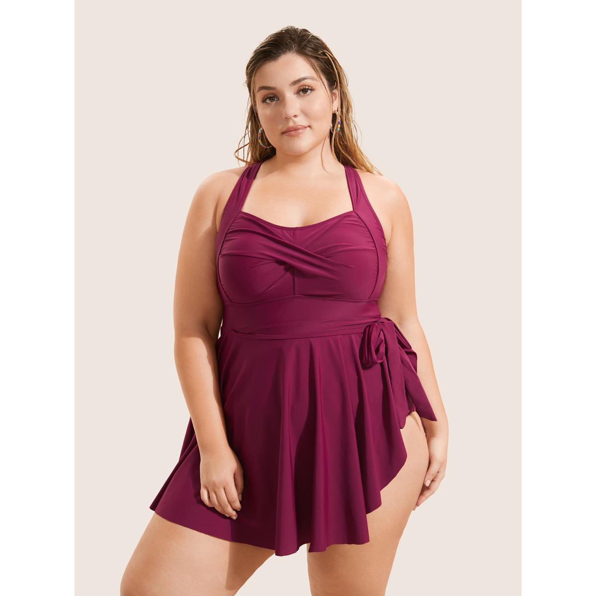 Plus Size Plain Crossover Knotted Asymmetrical Hem Swim Dress Women's Swimwear RedViolet Beach Bodycon Heart neckline High stretch Curve Swim Dresses BloomChic 22-24/3X Product Image