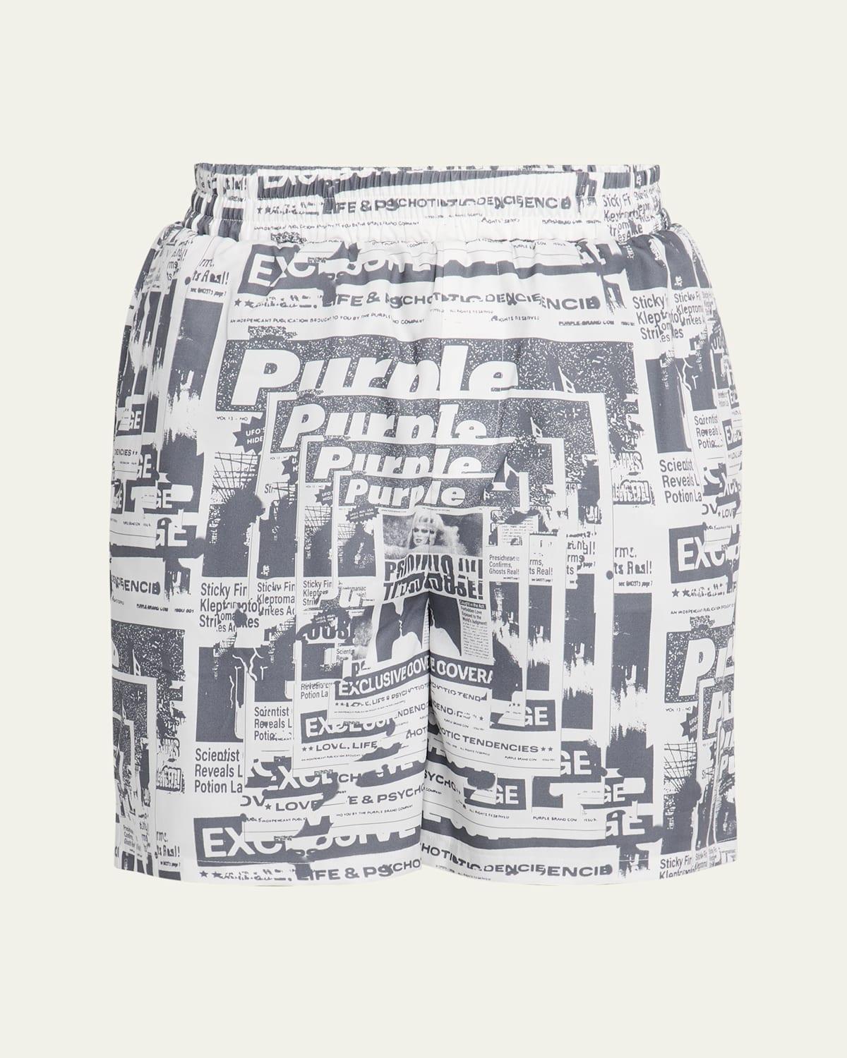 Mens Newspaper Graphic Motif Pull-On Shorts - Product Image