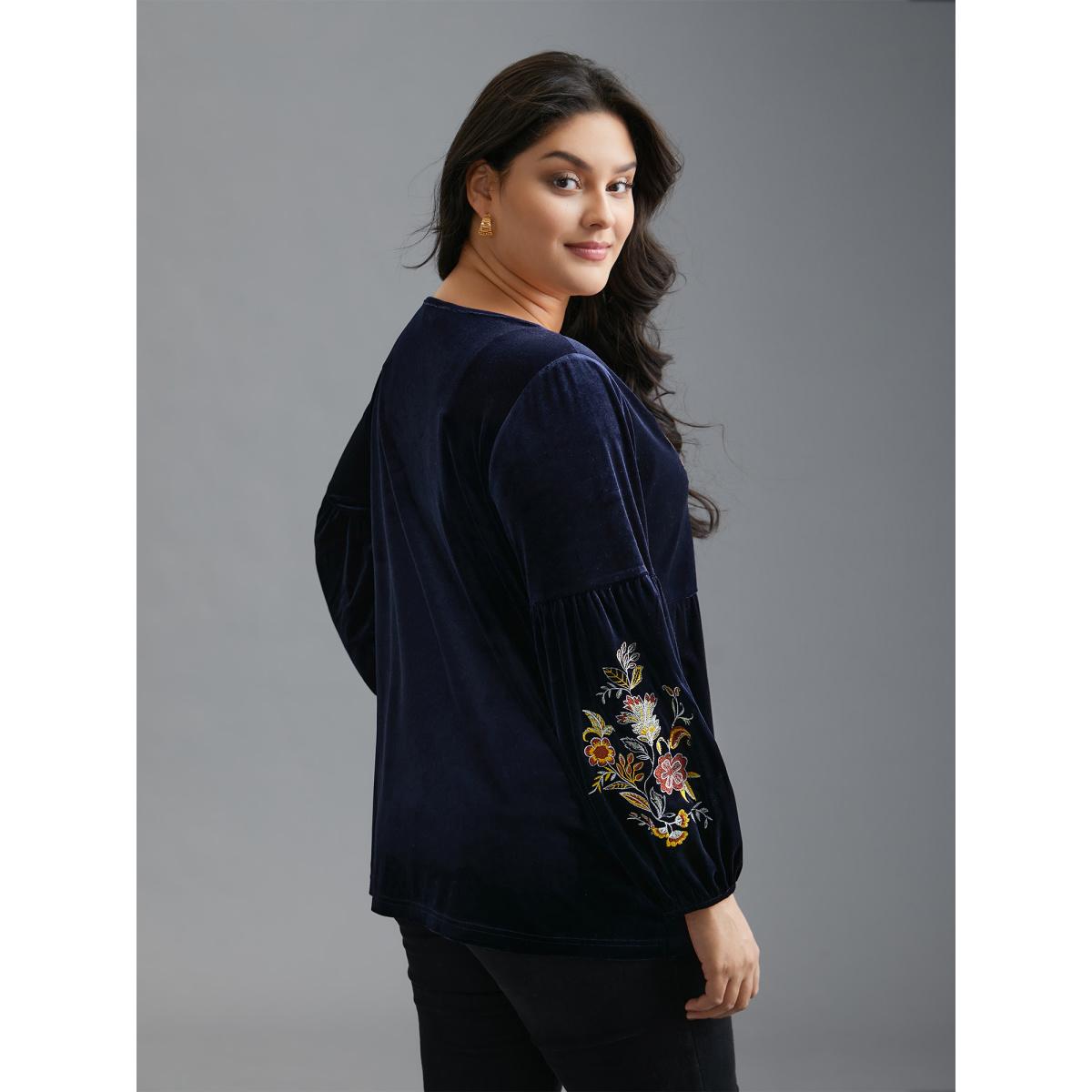 Plus Size Indigo Floral Embroidered Velvet Tie Knot Blouse Women Elegant Long Sleeve V-neck Everyday Blouses BloomChic 14-16/1X Product Image