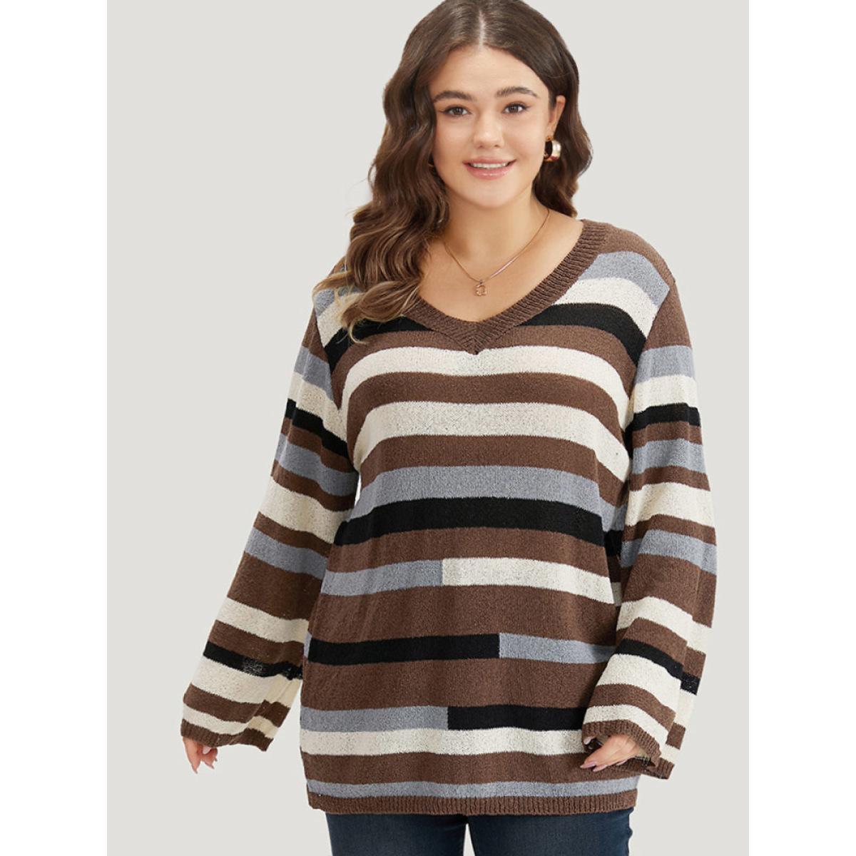 Plus Size Striped Colorblock Contrast V Neck Pullover Multicolor Women Casual Long Sleeve V-neck Dailywear Pullovers BloomChic 14-16/1X Product Image