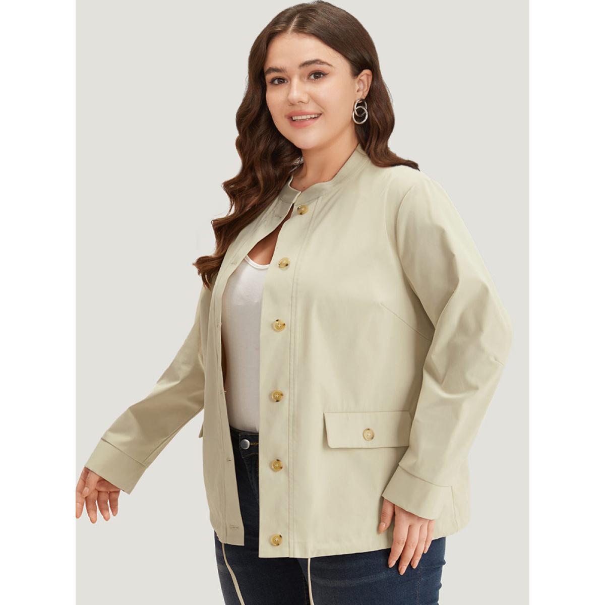 Plus Size Solid Stand Collar Drawstring Flap Pocket Jacket Women Ivory Casual Plain Ladies Dailywear Winter Coats BloomChic 28/5X Product Image