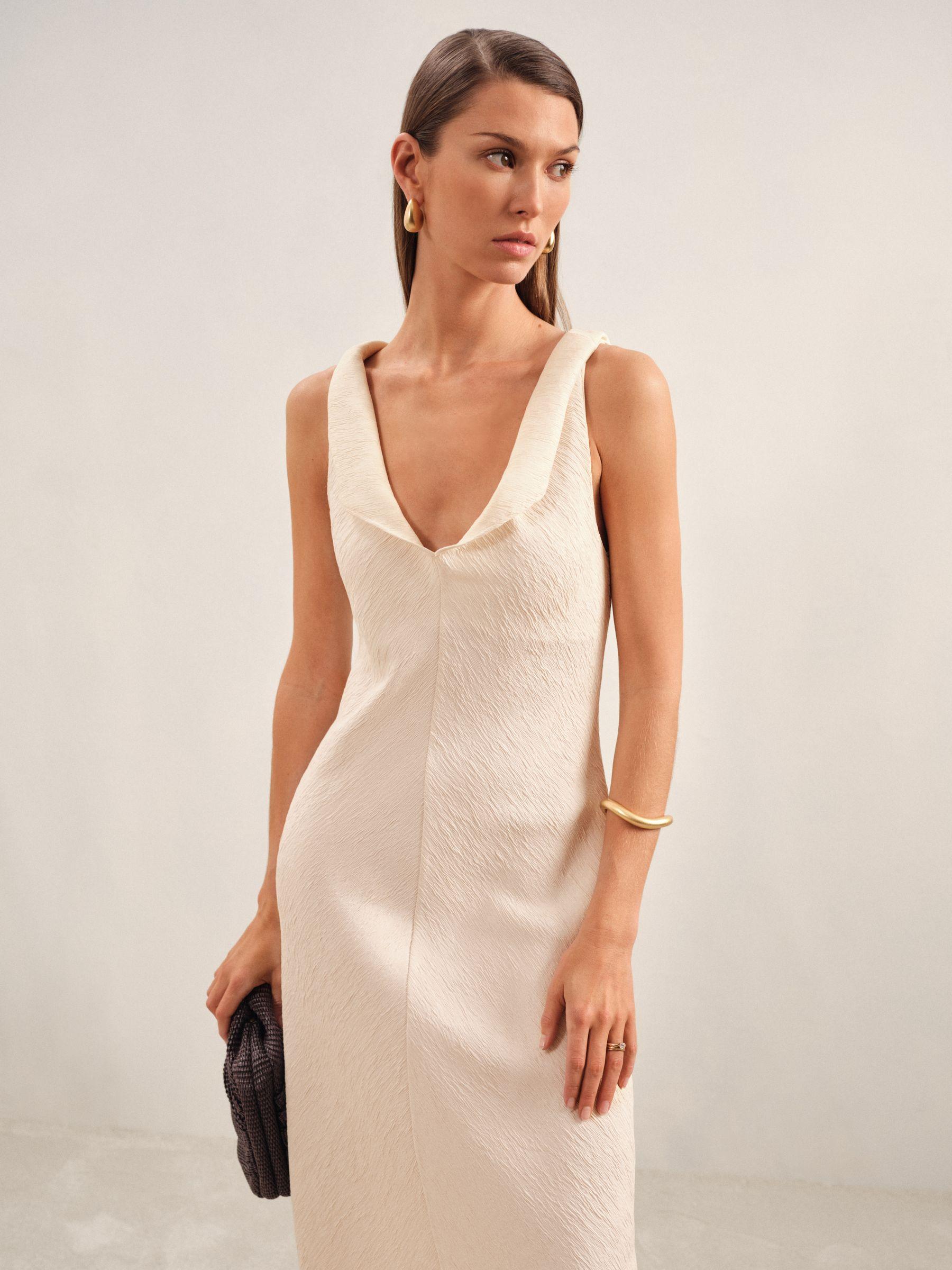 Textured Drape-Neck Midi Dress in Cream Product Image