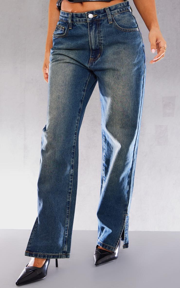 PRETTYLITTLETHING Petite Vintage Bleach Wash Split Hem Jeans Product Image