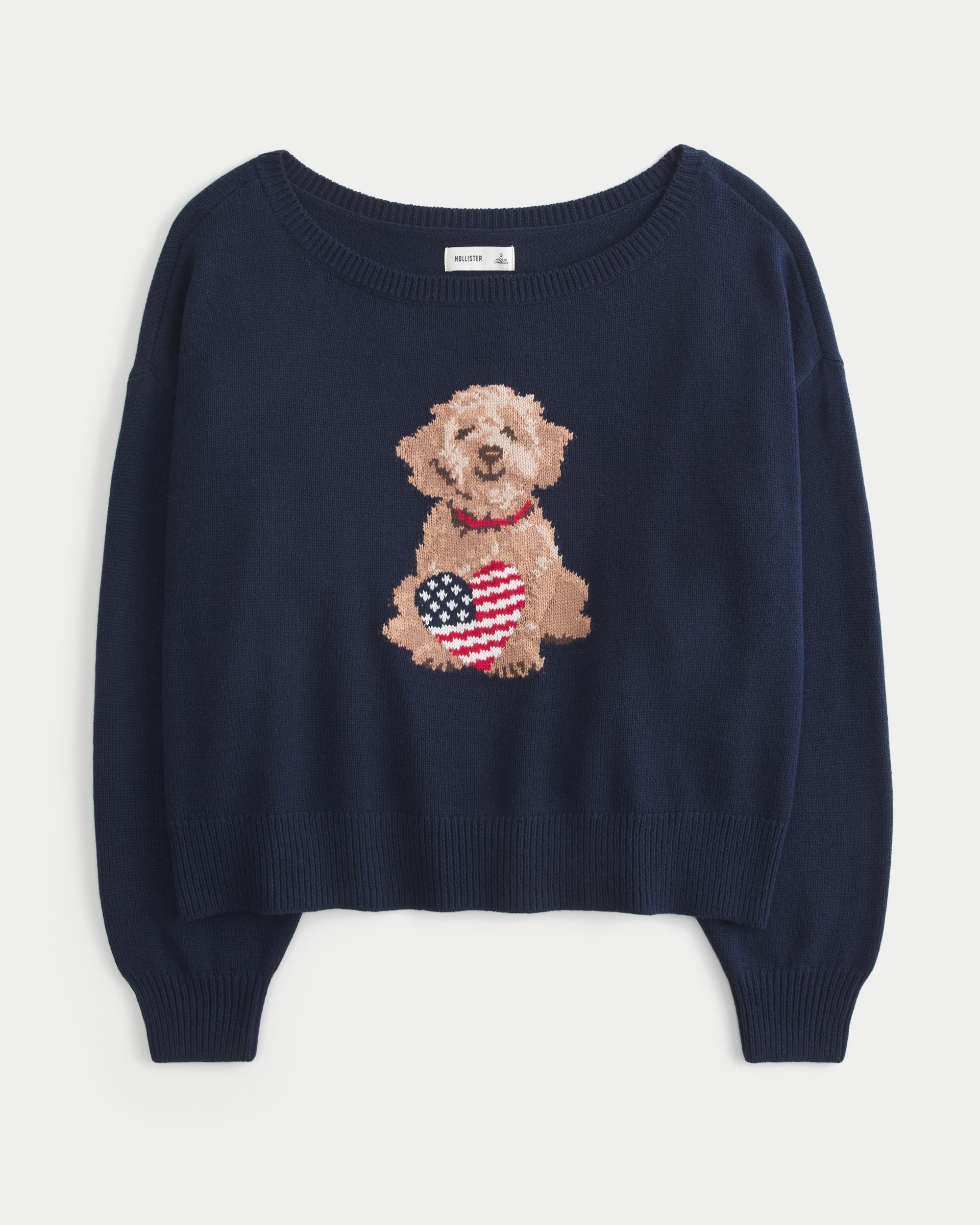 Easy Off-the-Shoulder Heart Flag Graphic Sweater Product Image