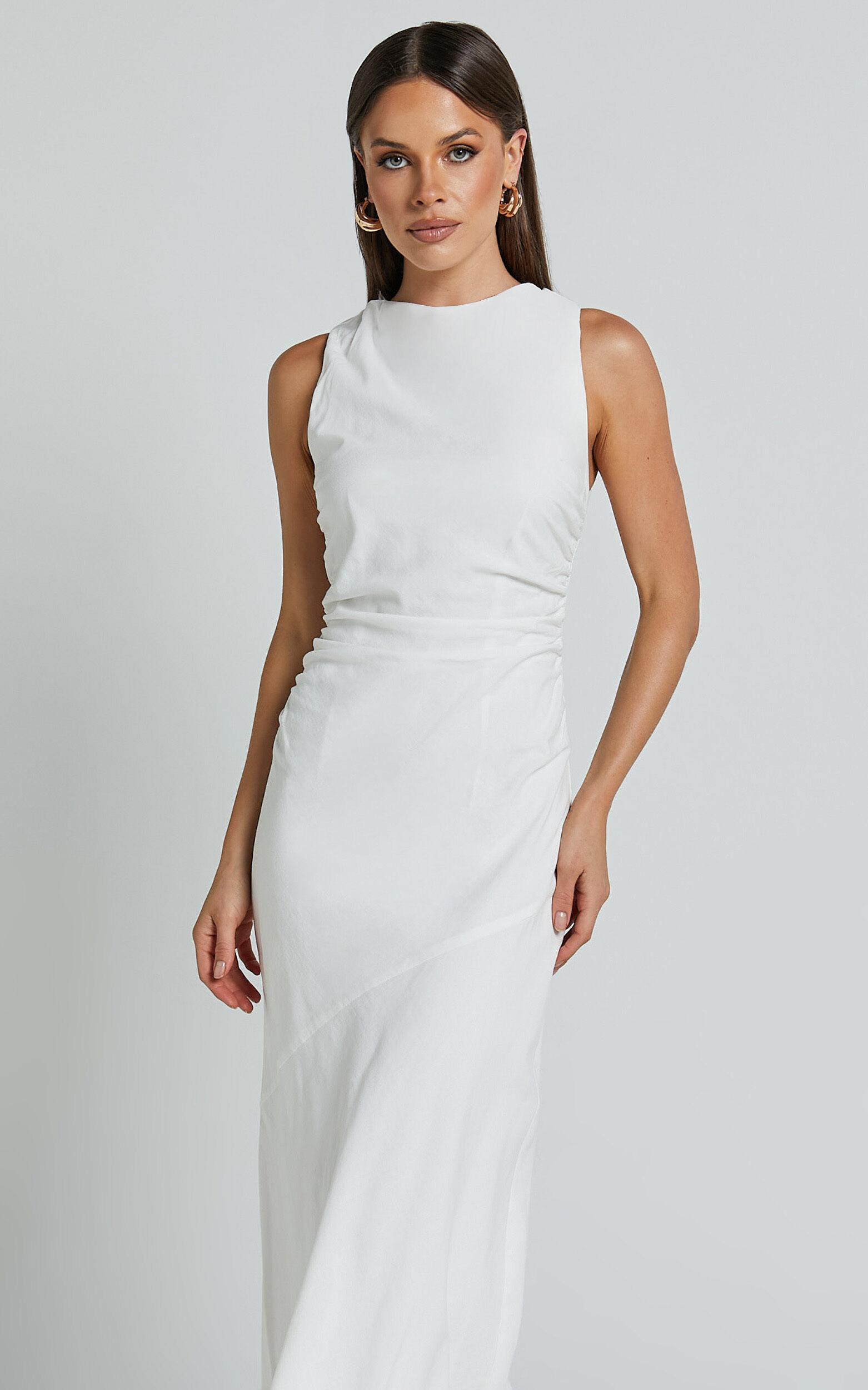 Sylvie Midi Dress - High Neck Flare Dress in White Product Image