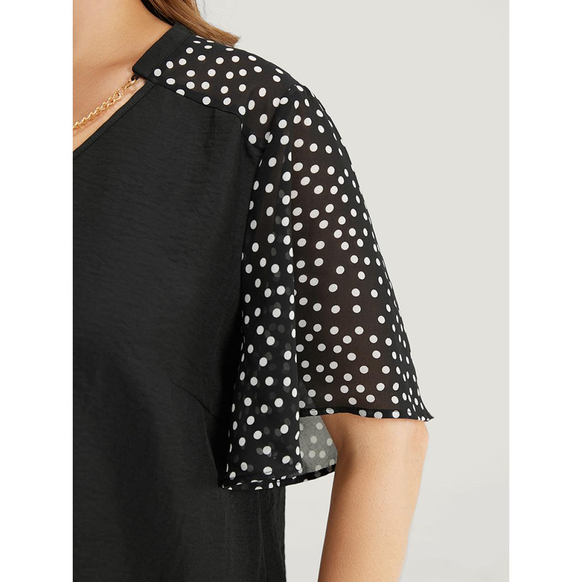 Plus Size Black Polka Dot Patchwork Flutter Sleeve Chain Detail Blouse Women Elegant Short sleeve V-neck Dailywear Blouses BloomChic 30/6X Product Image