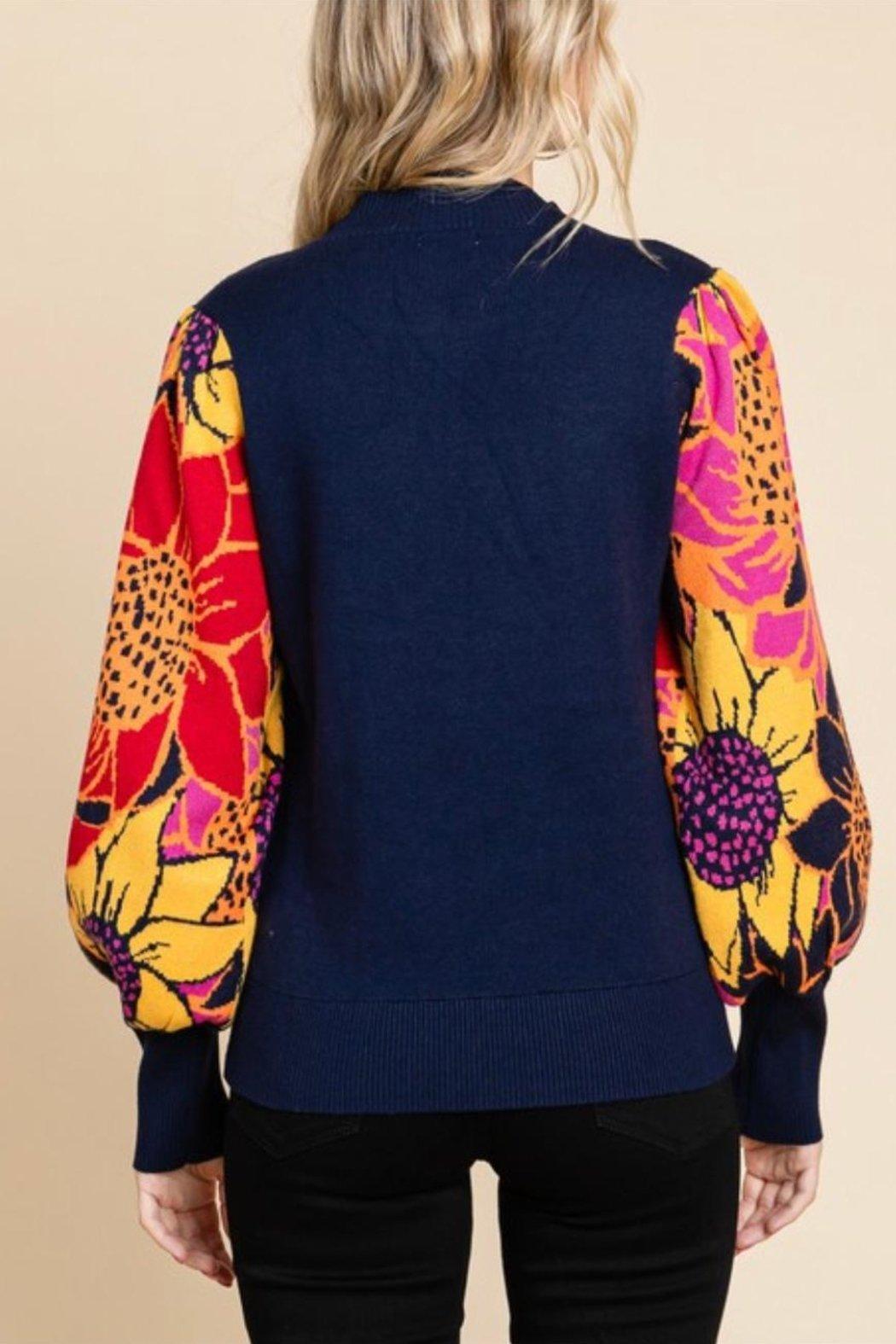 Navy Floral Balloon Sleeve Sweater Product Image