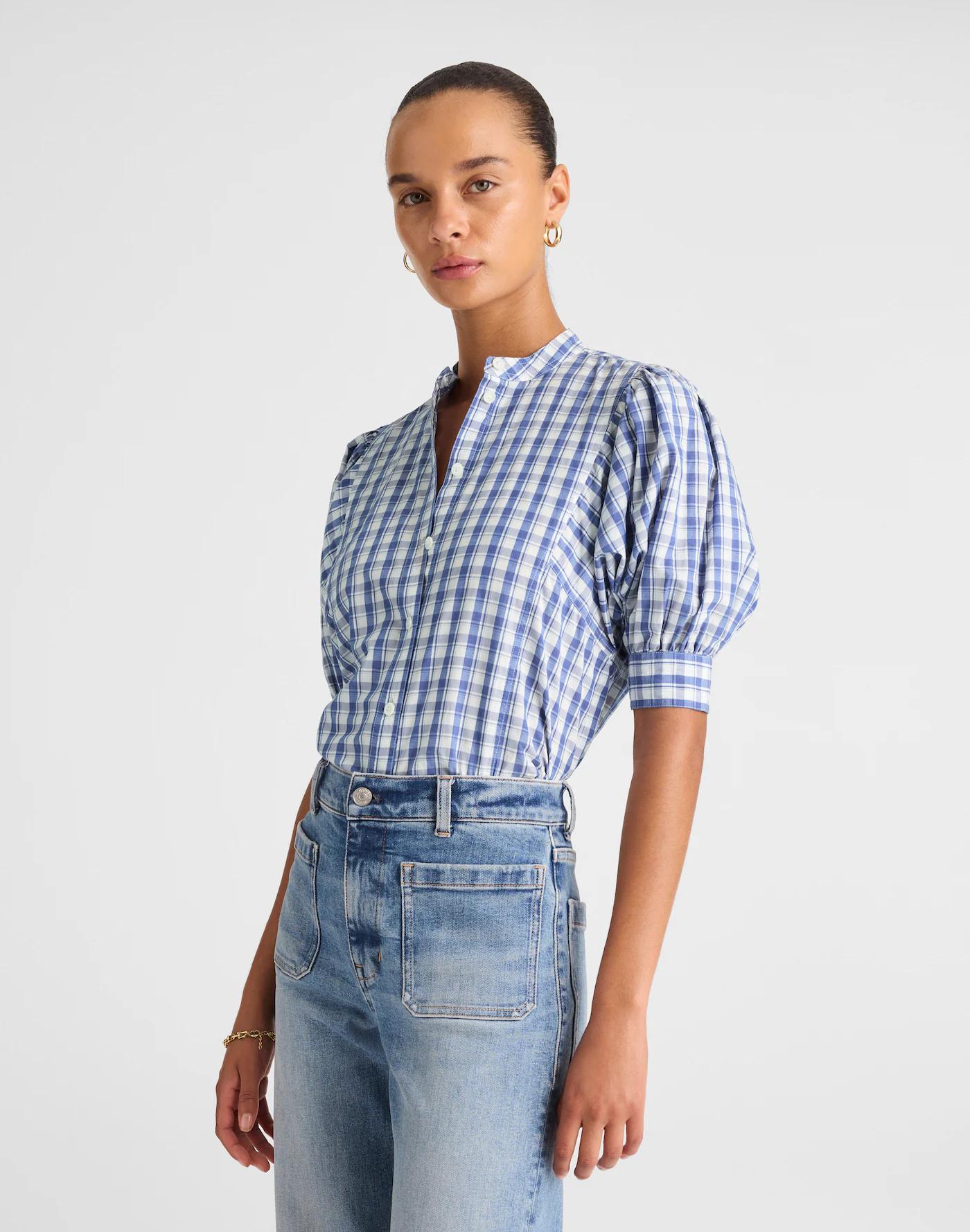 Puff-Sleeve Band-Collar Shirt Product Image