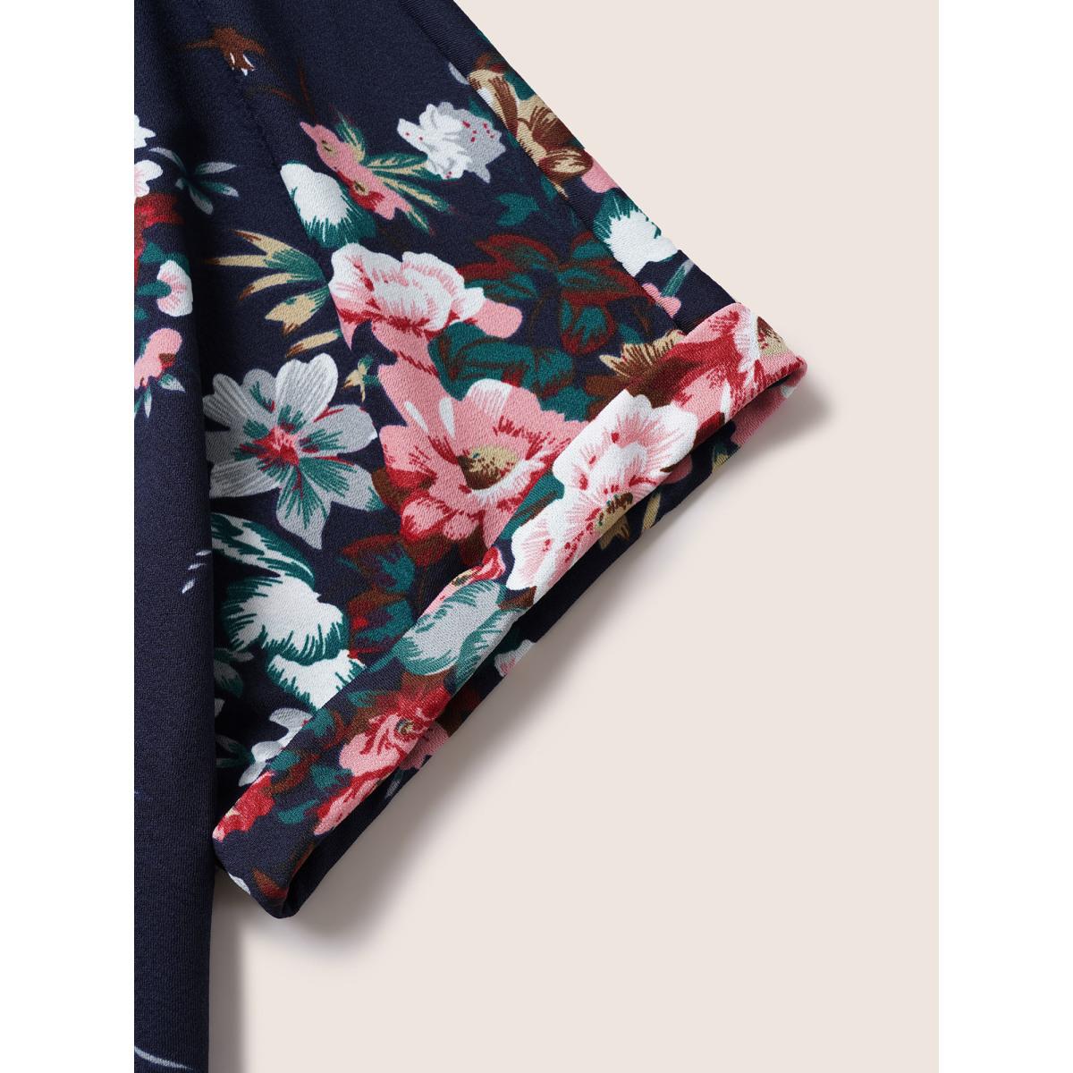 Plus Size Floral Print Crew Neck Cuffed Sleeve T-shirt Midnight Women Casual Non Floral Round Neck Everyday T-shirts BloomChic 18-20/2X Product Image