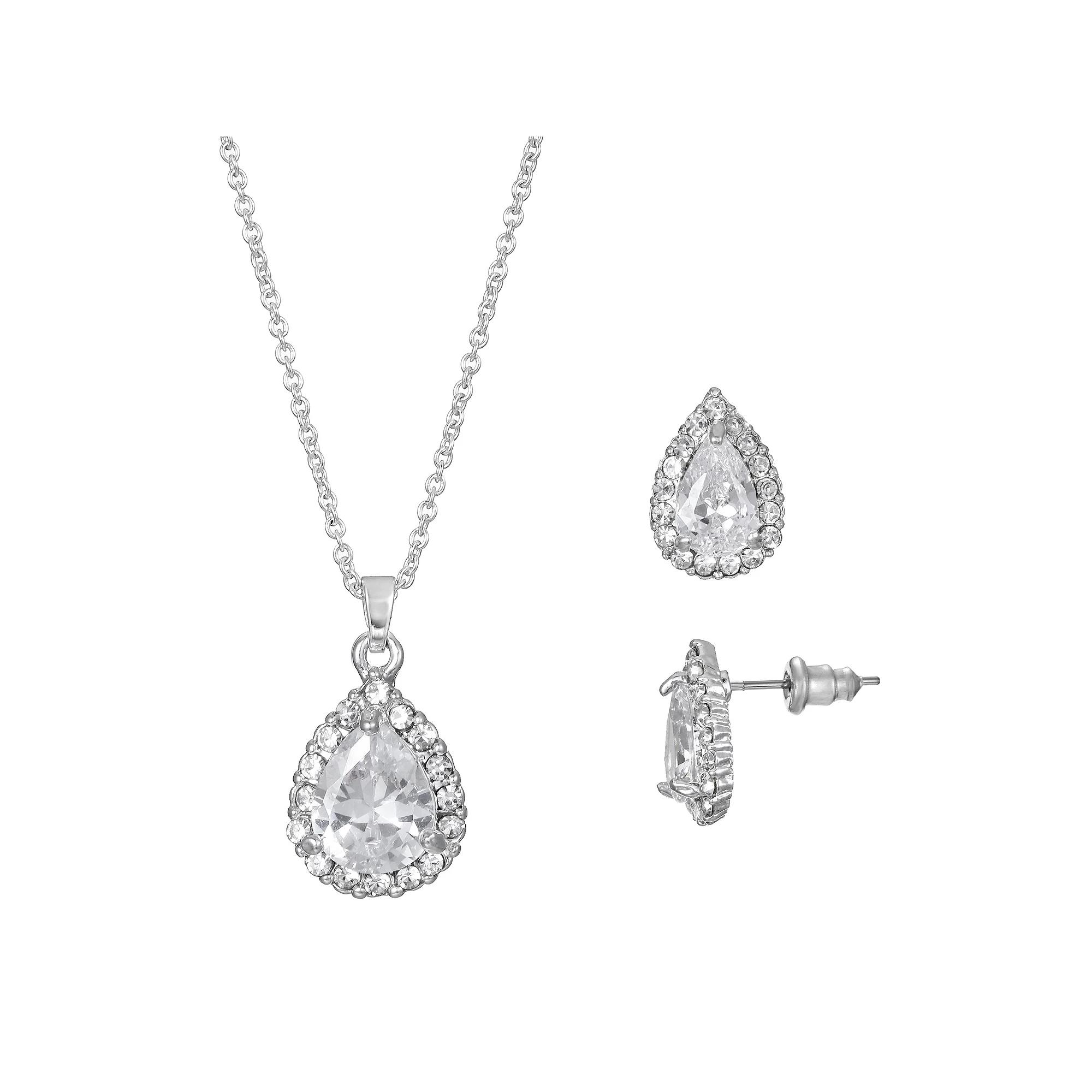 Primavera Silver Plated Cubic Zirconia Pave Teardrop Pendant & Earring Set, Womens Silver Tone Product Image